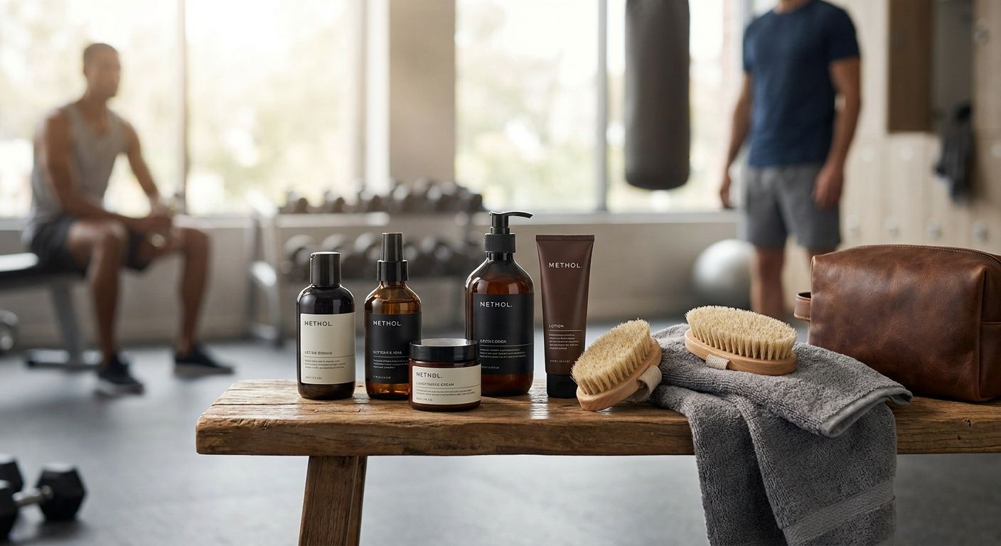 Skincare set for men prepping for a bodybuilding show