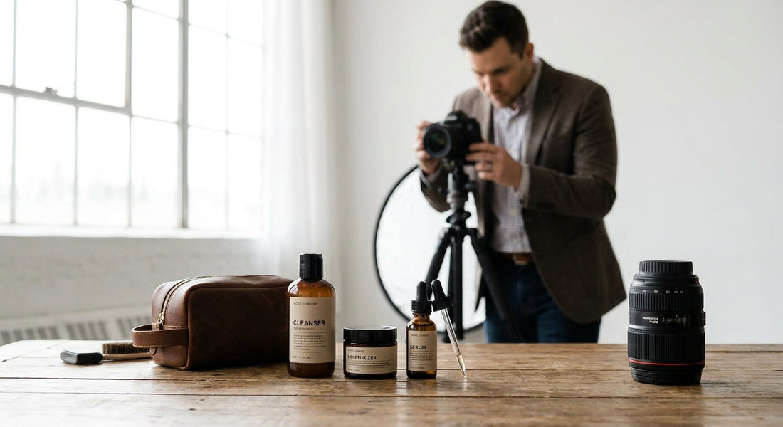 Skincare set for men prepping for professional headshots