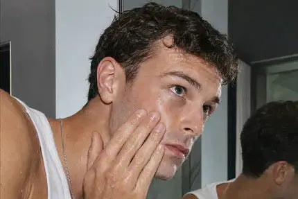 Natural cheek texture beside condensation and clear water for the Dry Skin collection.