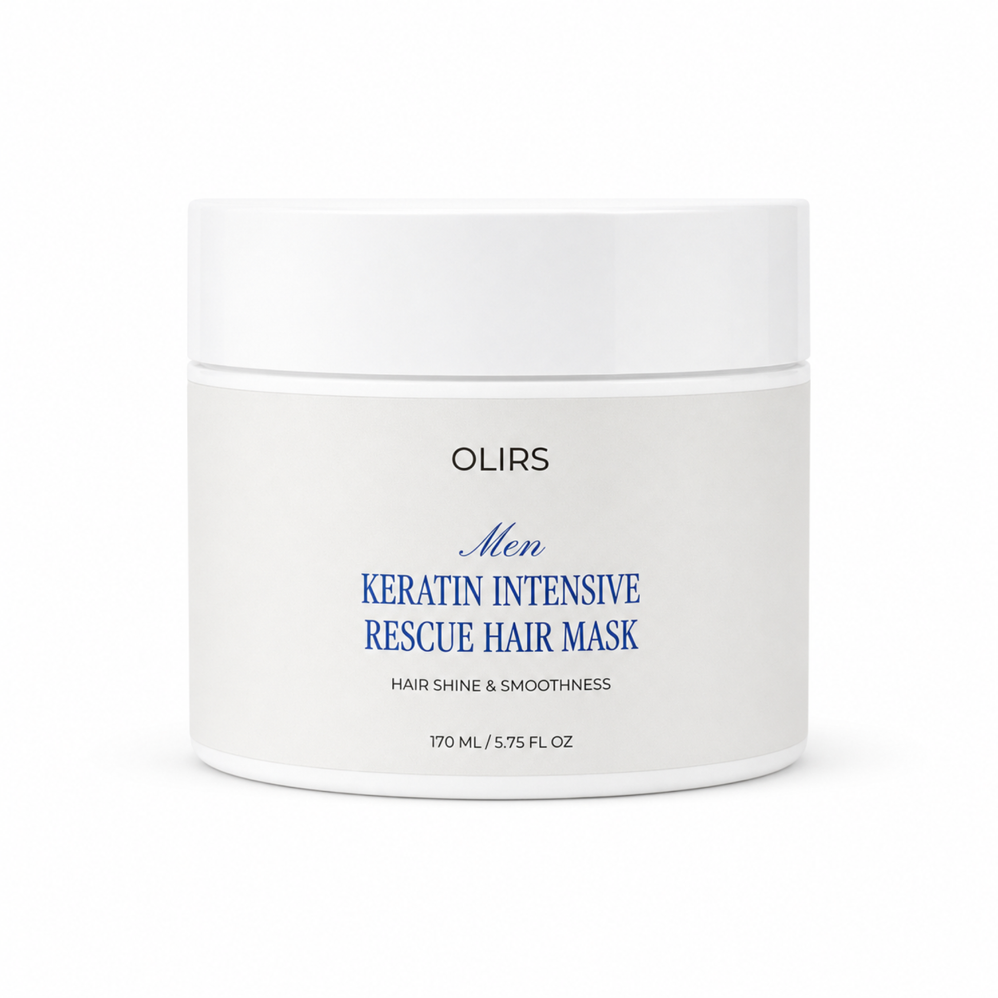 Keratin Rescue Hair Mask in a white jar designed for men, promoting hair shine and smoothness with keratin.