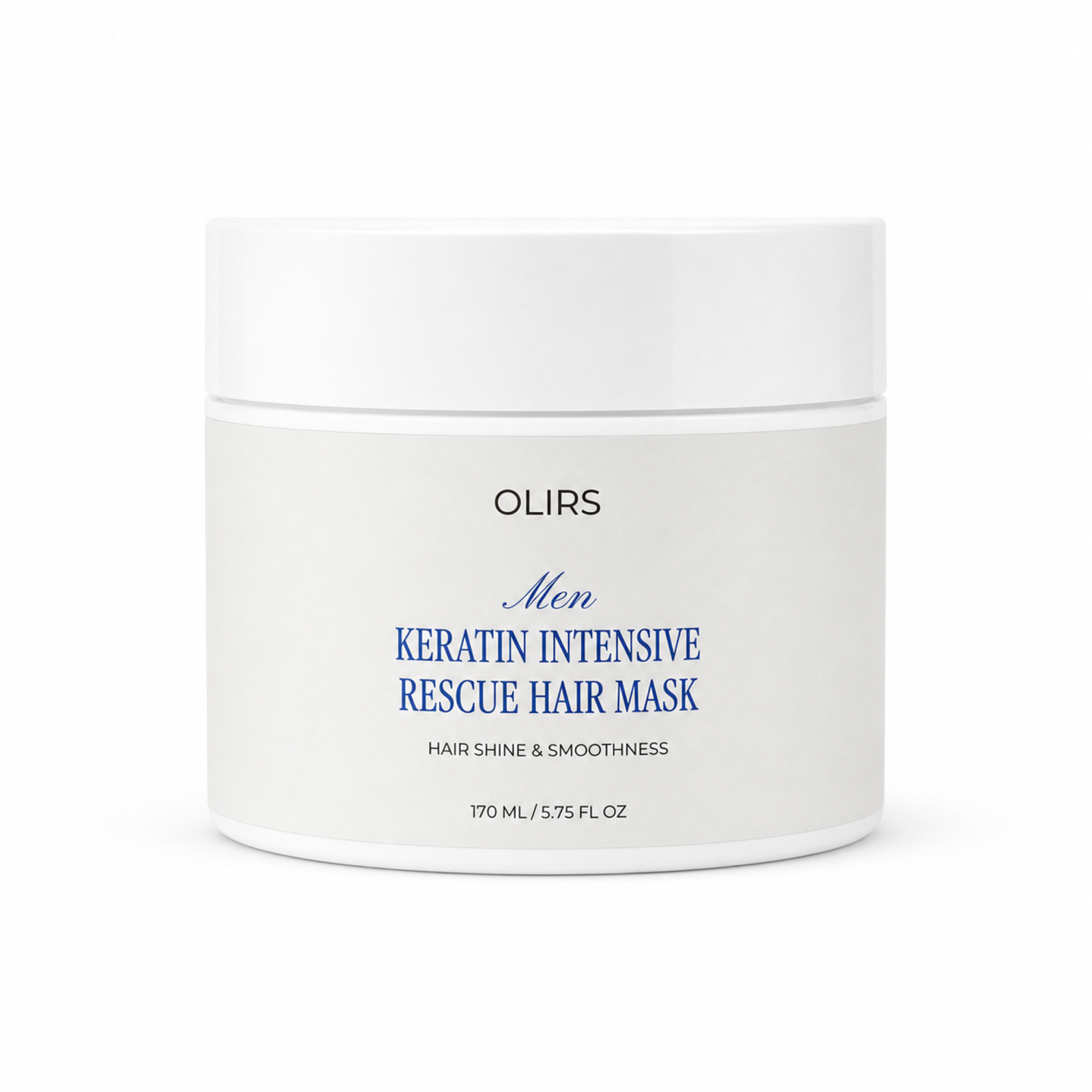 Keratin Rescue Hair Mask in a white jar designed for men, promoting hair shine and smoothness with keratin.