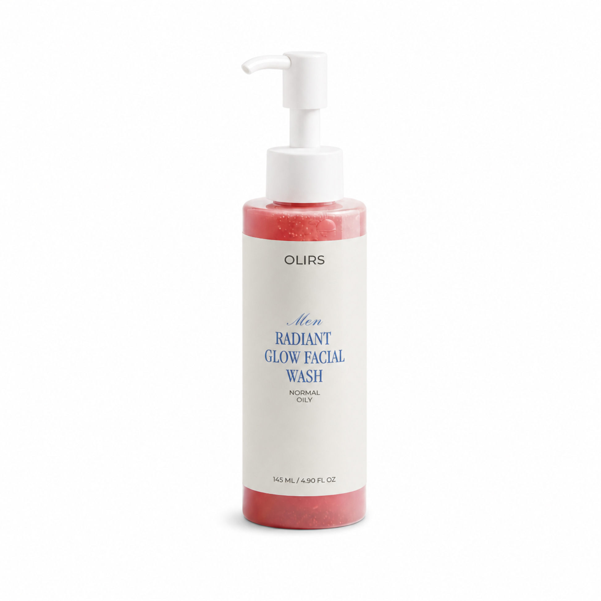 Men's Radiant Glow Facial Wash in a pump bottle for normal to oily skin. 145 ml cleanser. 98% natural-origin gel.