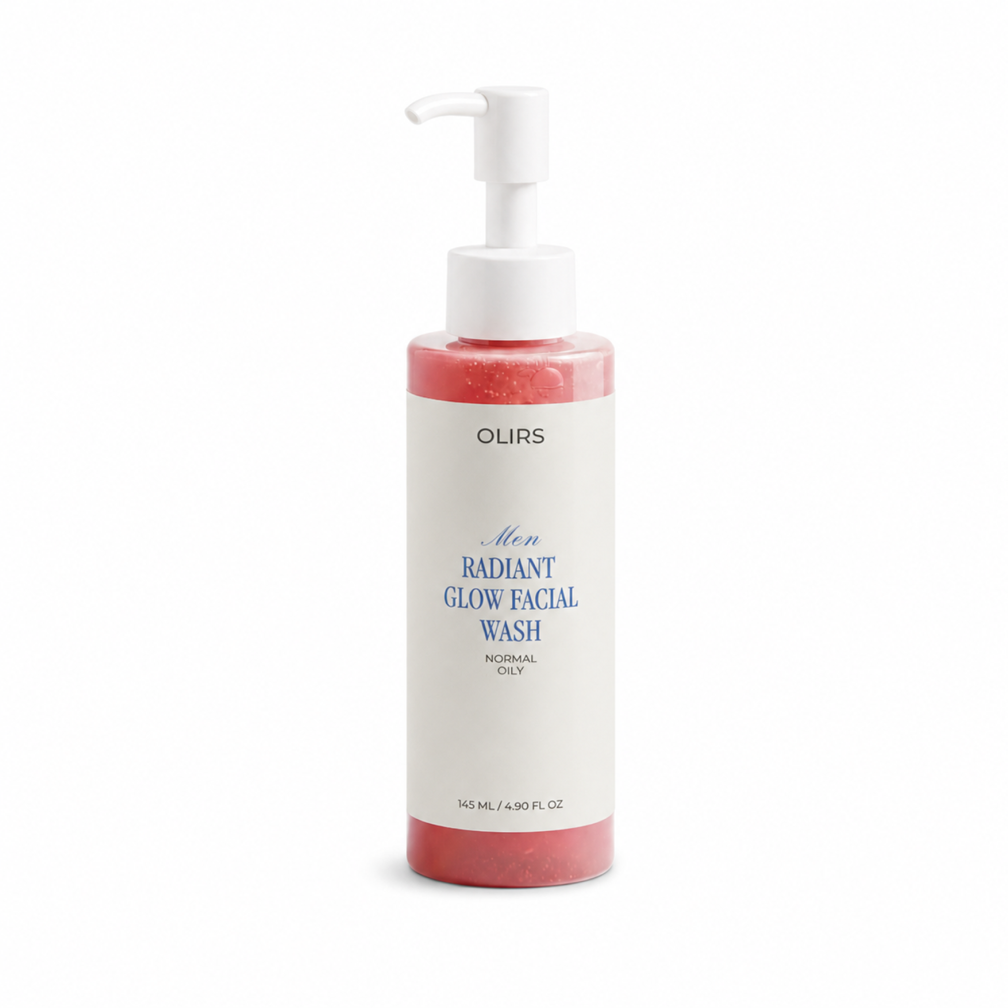 Men's Radiant Glow Facial Wash in a pump bottle for normal to oily skin. 145 ml cleanser. 98% natural-origin gel.