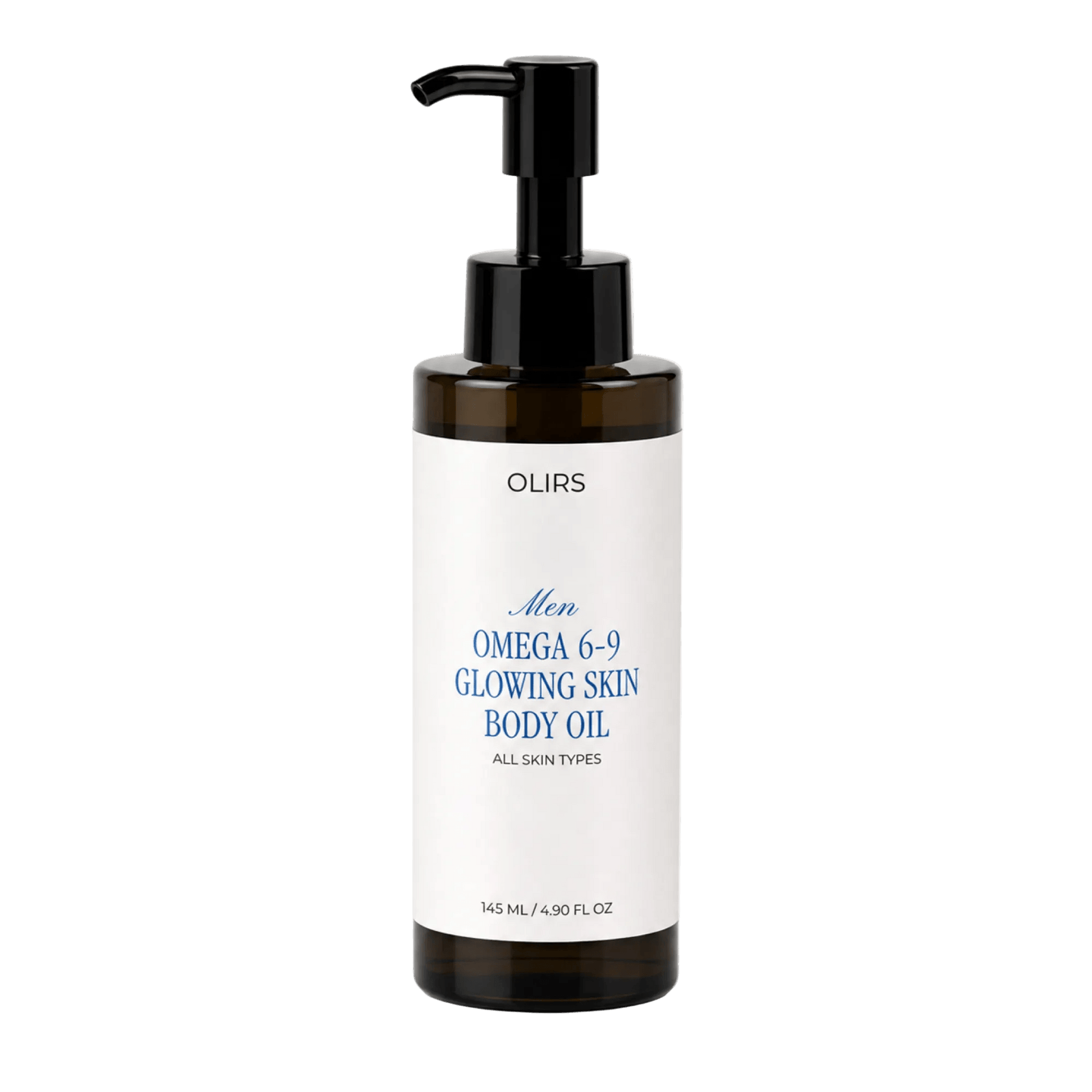 Men Omega 6-9 Glowing Skin Body Oil in a brown bottle with pump, suitable for all skin types.