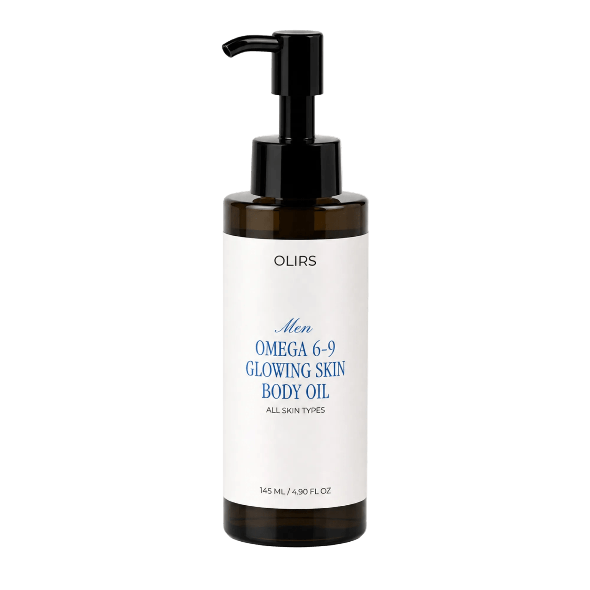 Men Omega 6-9 Glowing Skin Body Oil in a brown bottle with pump, suitable for all skin types.