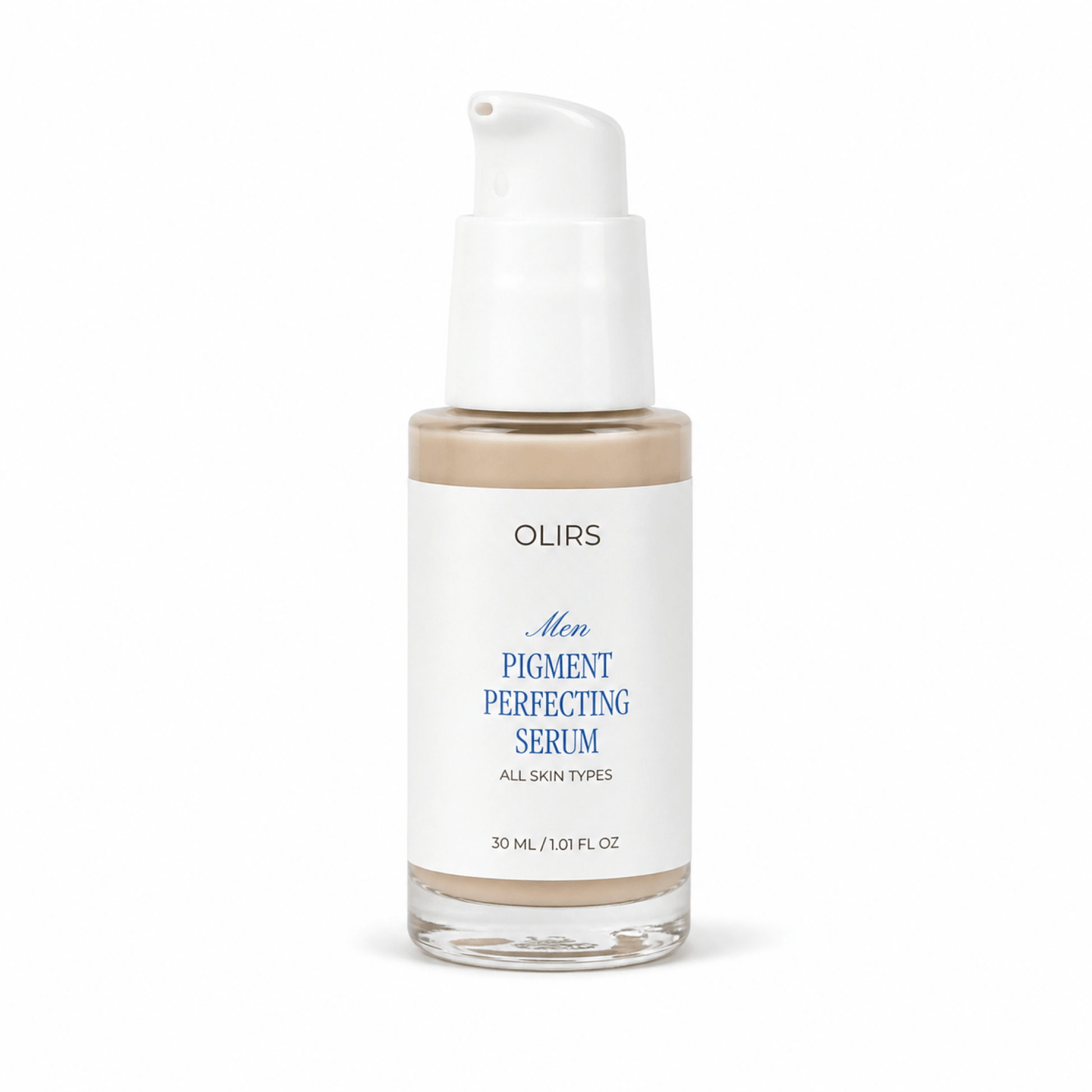 Men Pigment Perfecting Serum in a glass bottle designed for all skin types, enhancing complexion and reducing pigmentation.