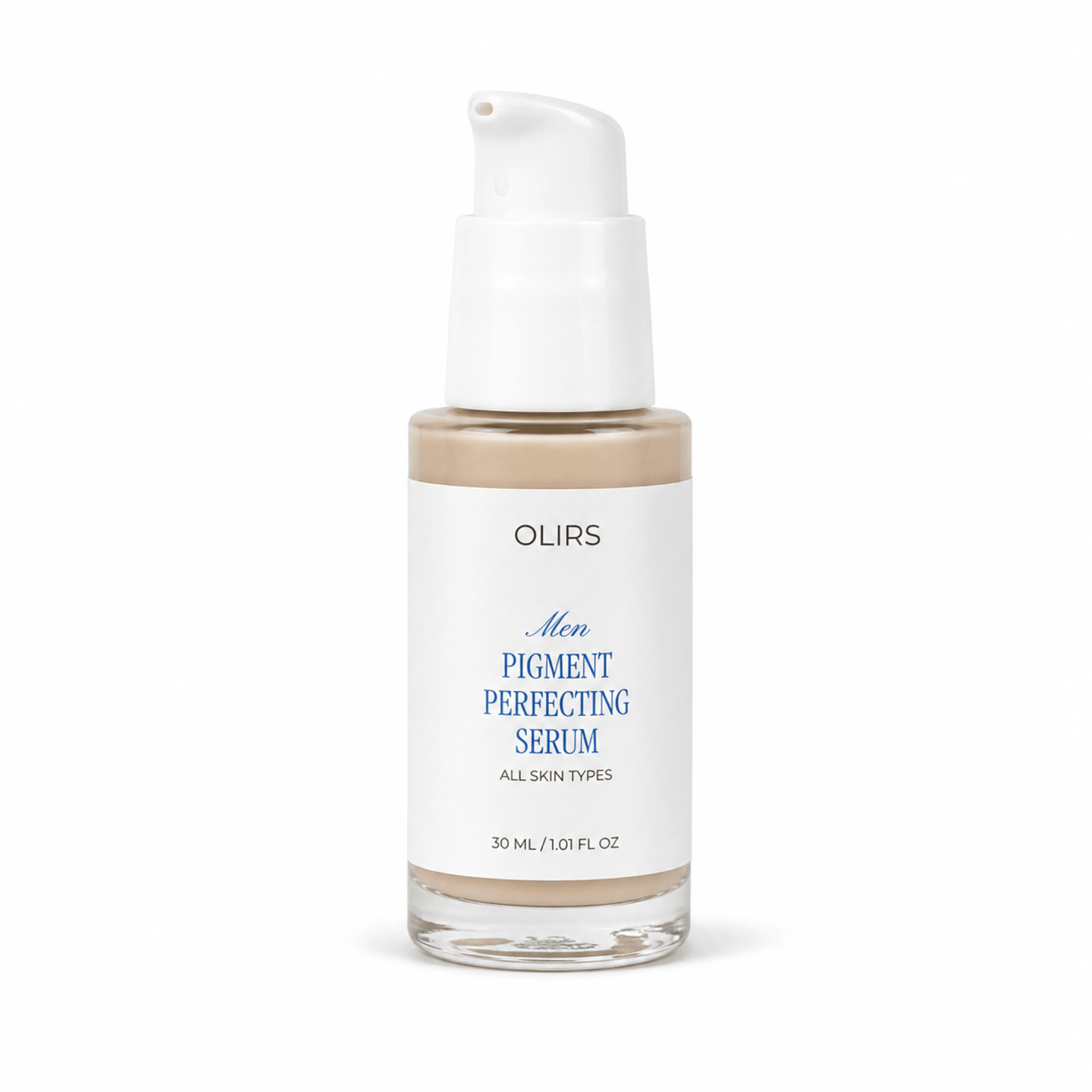 Men Pigment Perfecting Serum in a glass bottle designed for all skin types, enhancing complexion and reducing pigmentation.