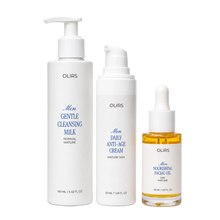 Glowy Skin Trio Collection Box featuring Gentle Cleansing Milk, Daily Anti-Age Cream, and Nourishing Facial Oil.