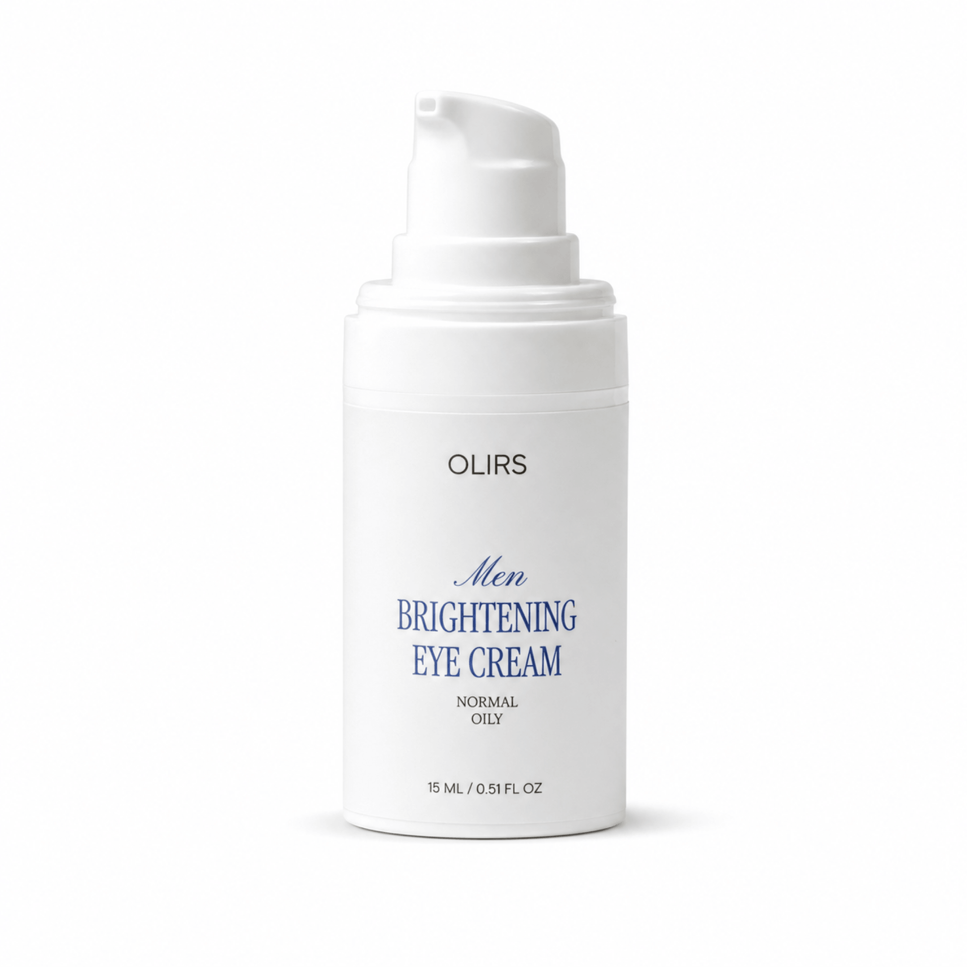 Men's Brightening Eye Cream in a pump bottle for revitalizing tired under-eyes and reducing dryness lines.