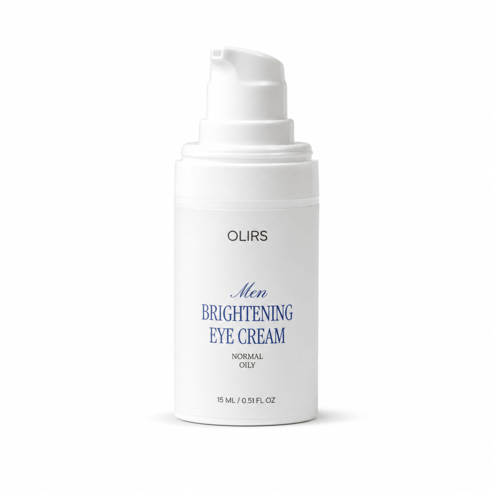 Men's Brightening Eye Cream in a pump bottle for revitalizing tired under-eyes and reducing dryness lines.