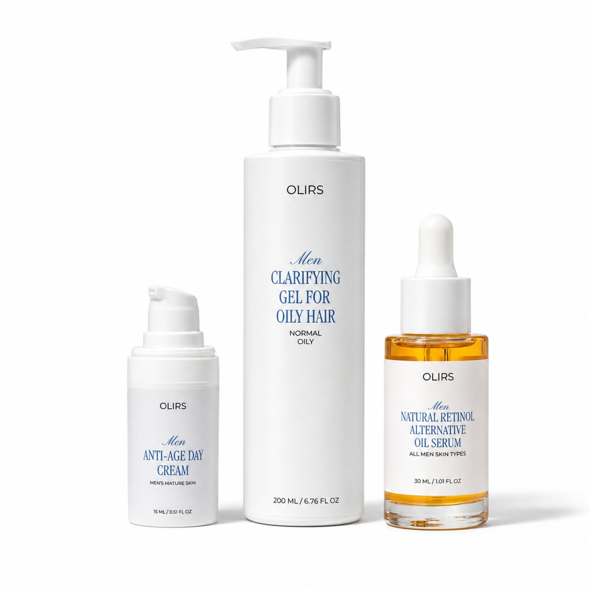 Fresh Skin Routine Set featuring clarifying gel, anti-aging day cream, and retinol alternative oil serum.