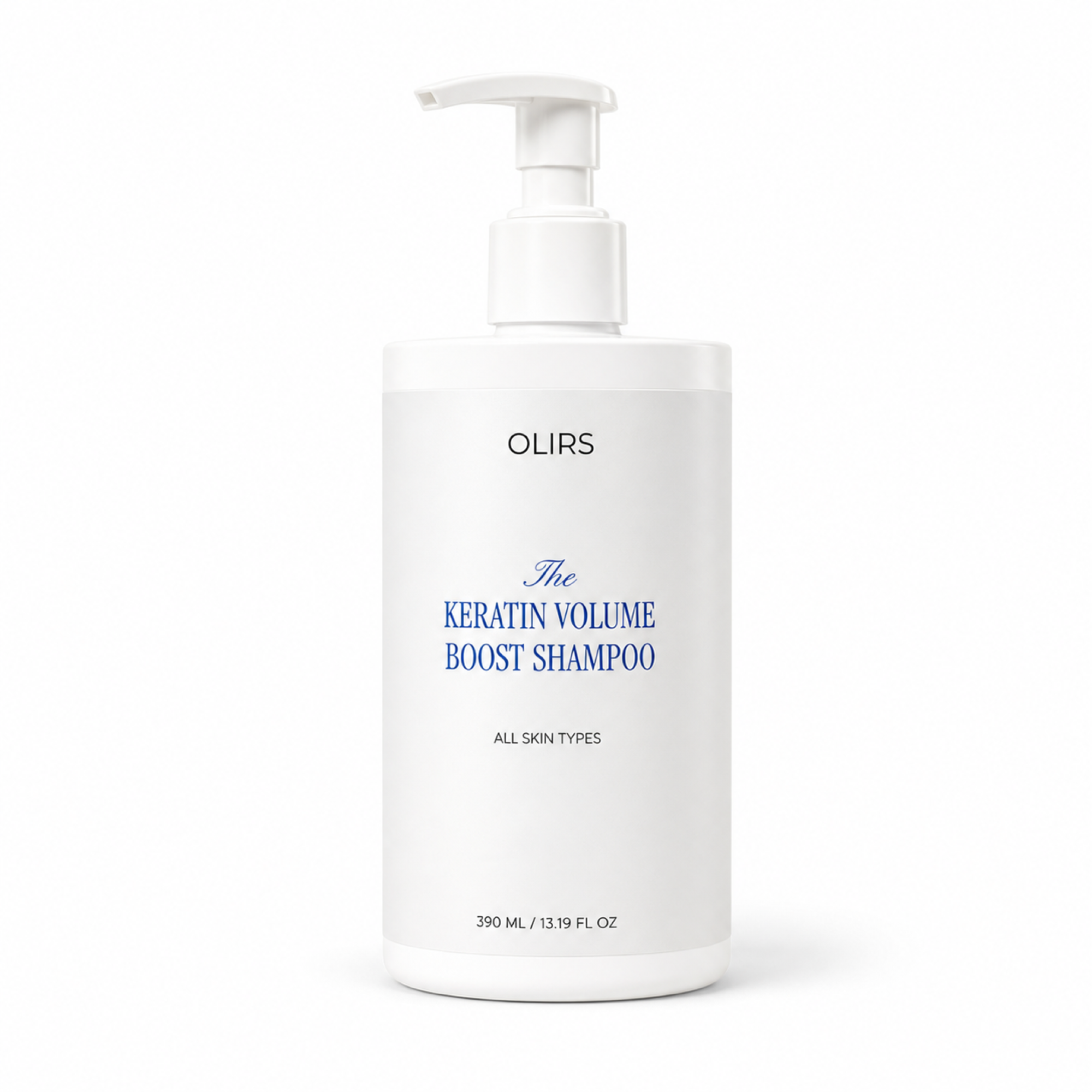 Max Volume Boost Shampoo bottle, featuring a white design, 390 ml size, suitable for all skin types.