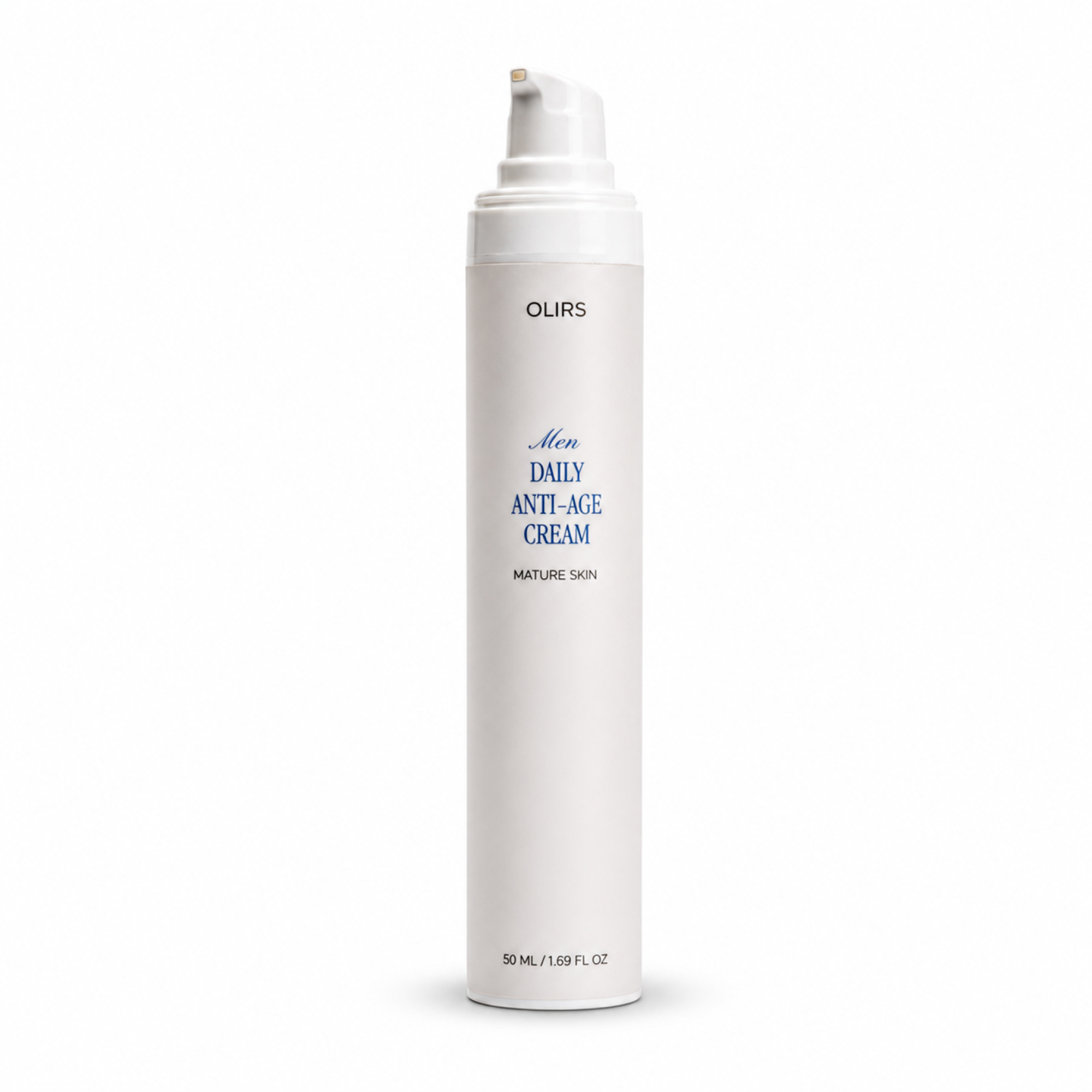 Men Daily Anti-Age Cream for mature skin in sleek pump bottle, promoting youthful appearance and hydration.