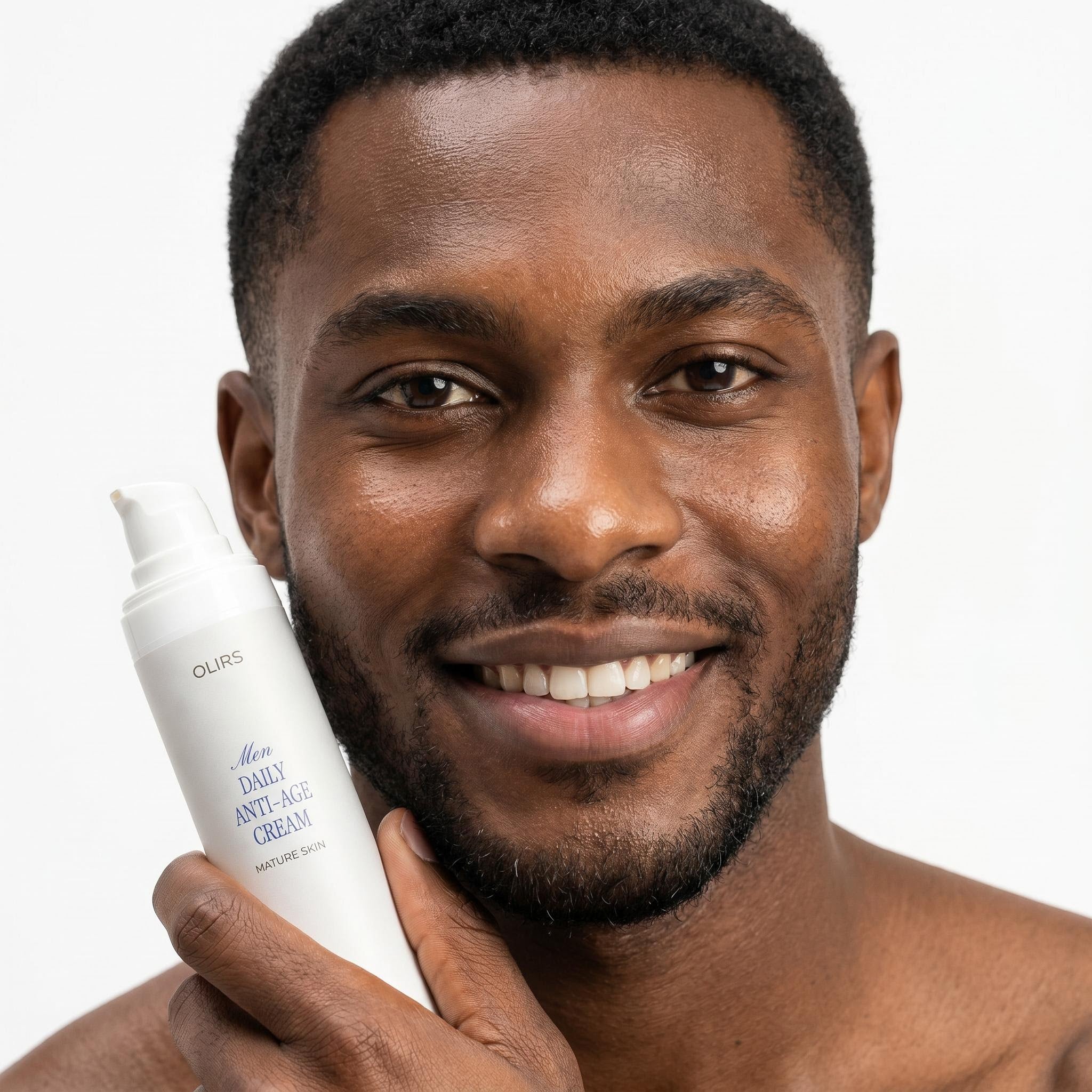 Man holding Men Daily Anti-Age Cream, promoting healthy skin and anti-aging benefits.