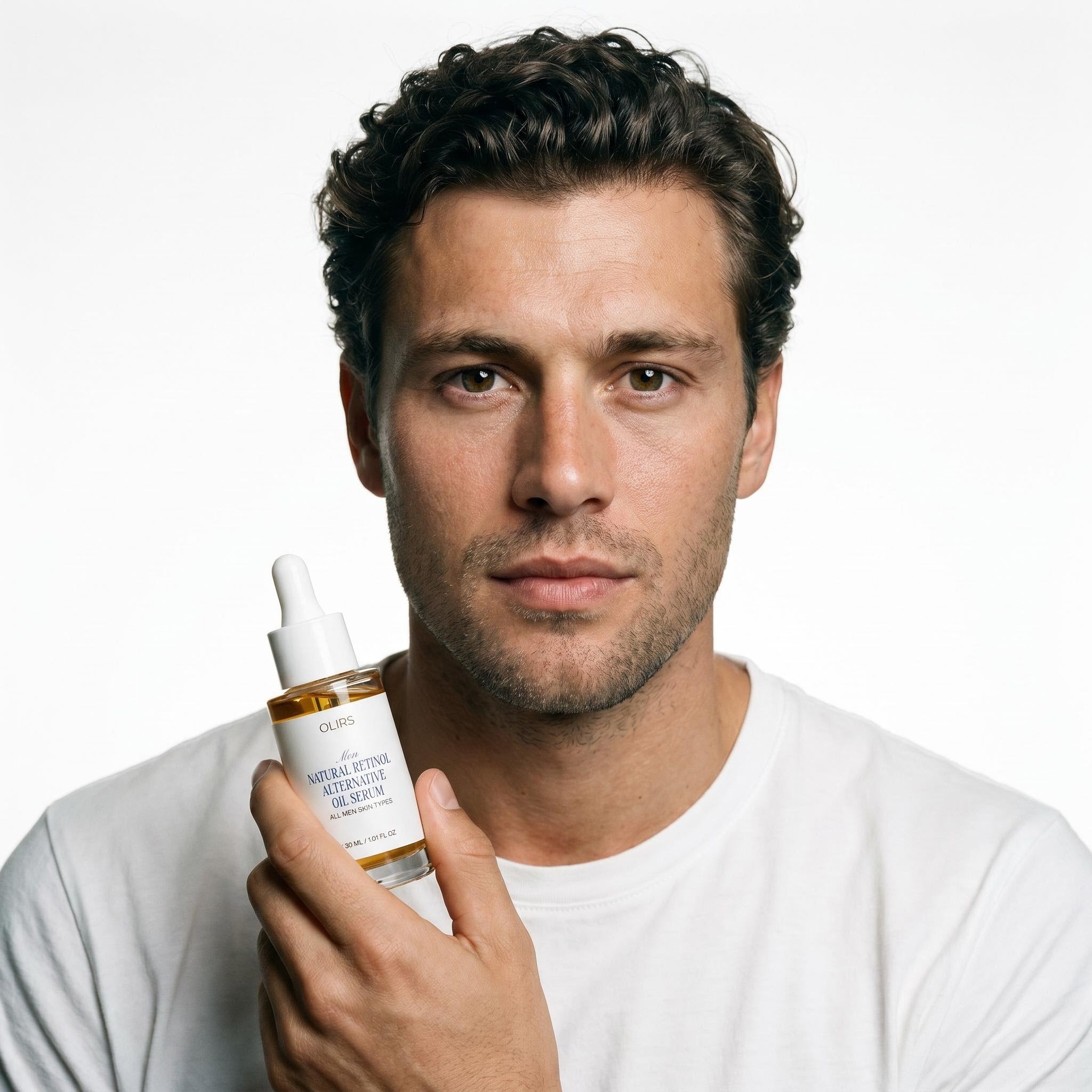 Rejuvenating Glow Trio featuring model holding Bakuchiol Oil Serum for glowing skin.