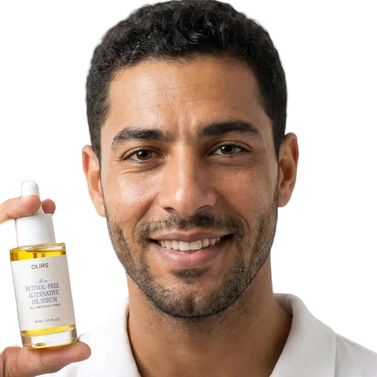 Bakuchiol Night Oil Serum in the hands of a smiling man, highlighting its skincare benefits.