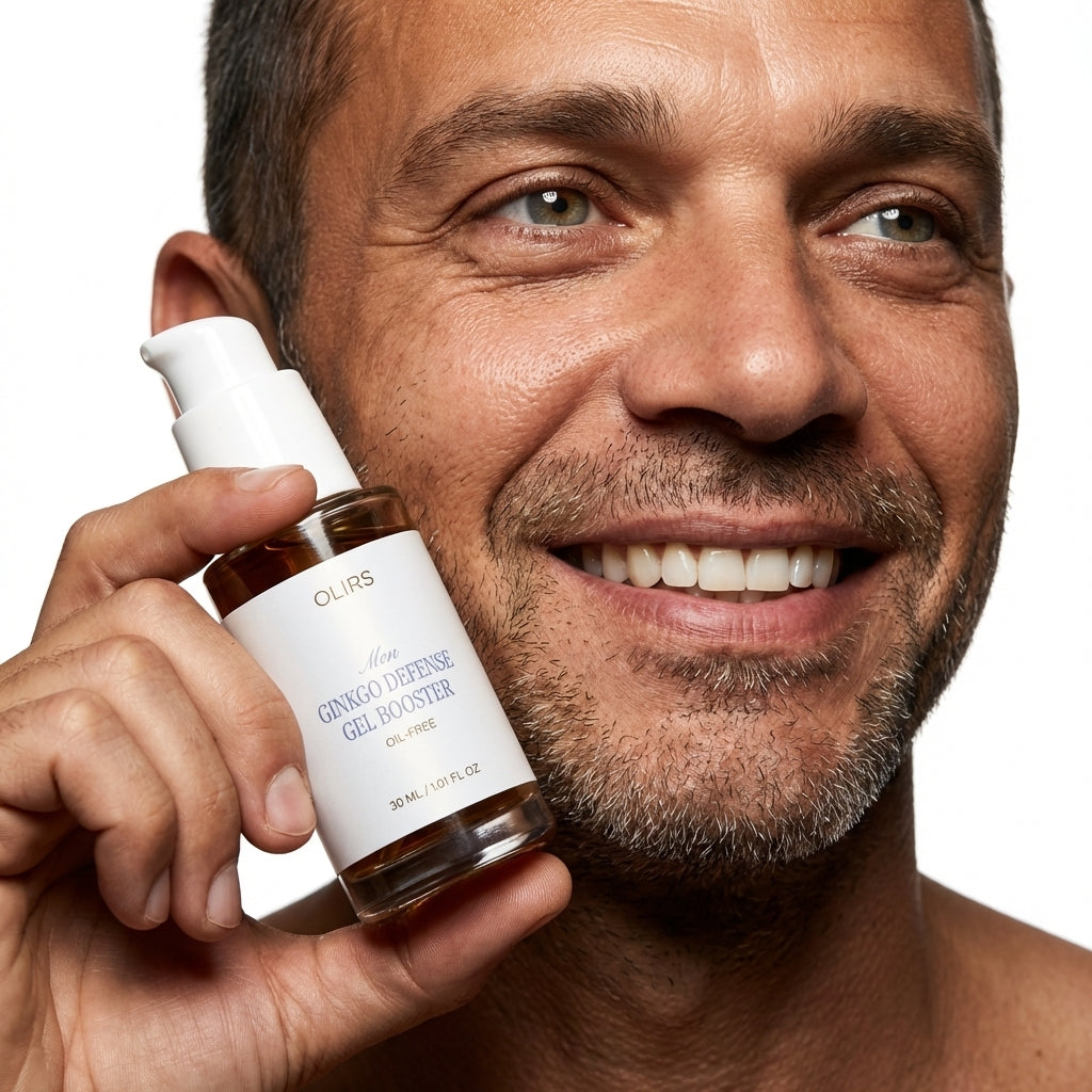 Ginkgo Defense Gel Booster in a man's hand, showcasing the lightweight oil-free antioxidant gel.