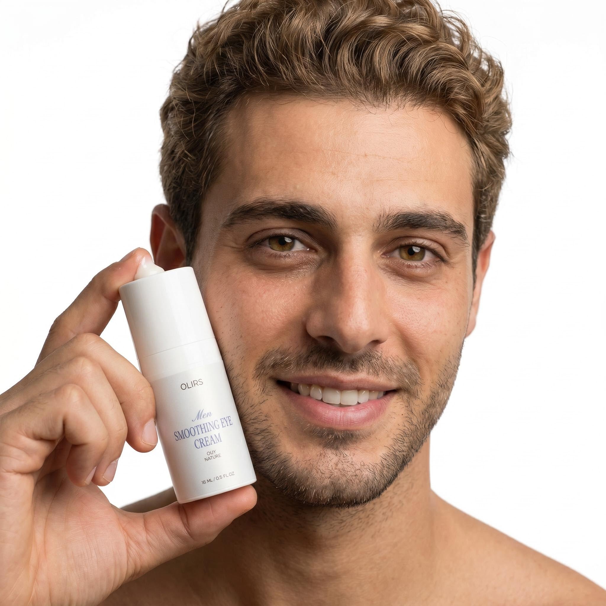 Man holding Smoothing Eye Cream, showcasing hydration and smoothness for under-eye care.