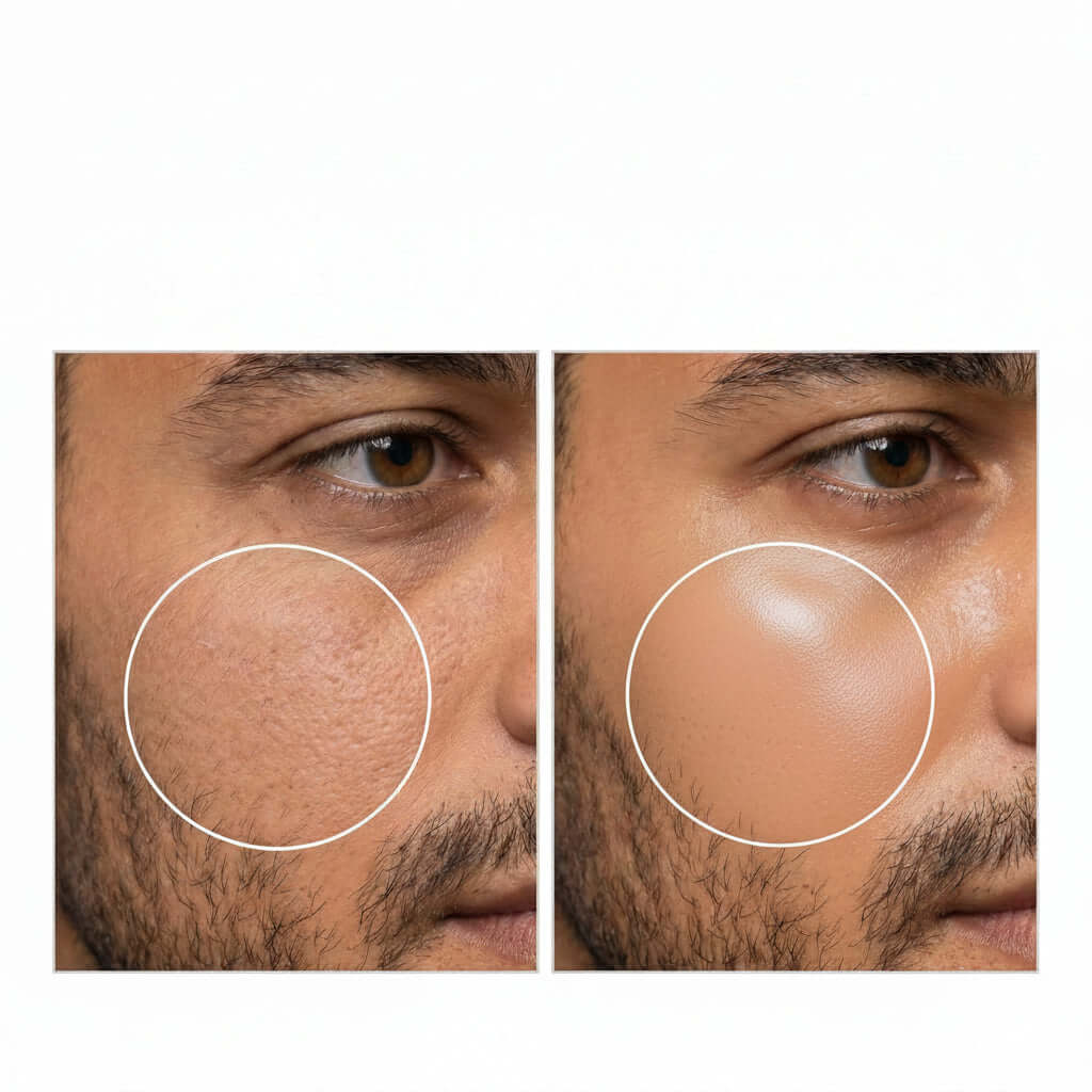 Before and after comparison of skin texture showing improvement, highlighting Nourishing Facial Oil benefits.