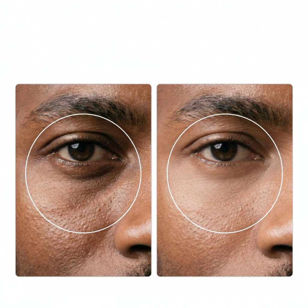 Before and after comparison of under-eye area showing improvement with Brightening Eye Cream