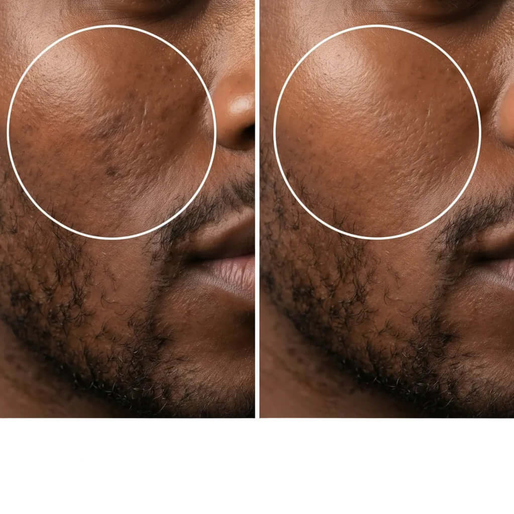 Before and after results of Even-Tone Glow Serum on skin texture, showing improved evenness and hydration.