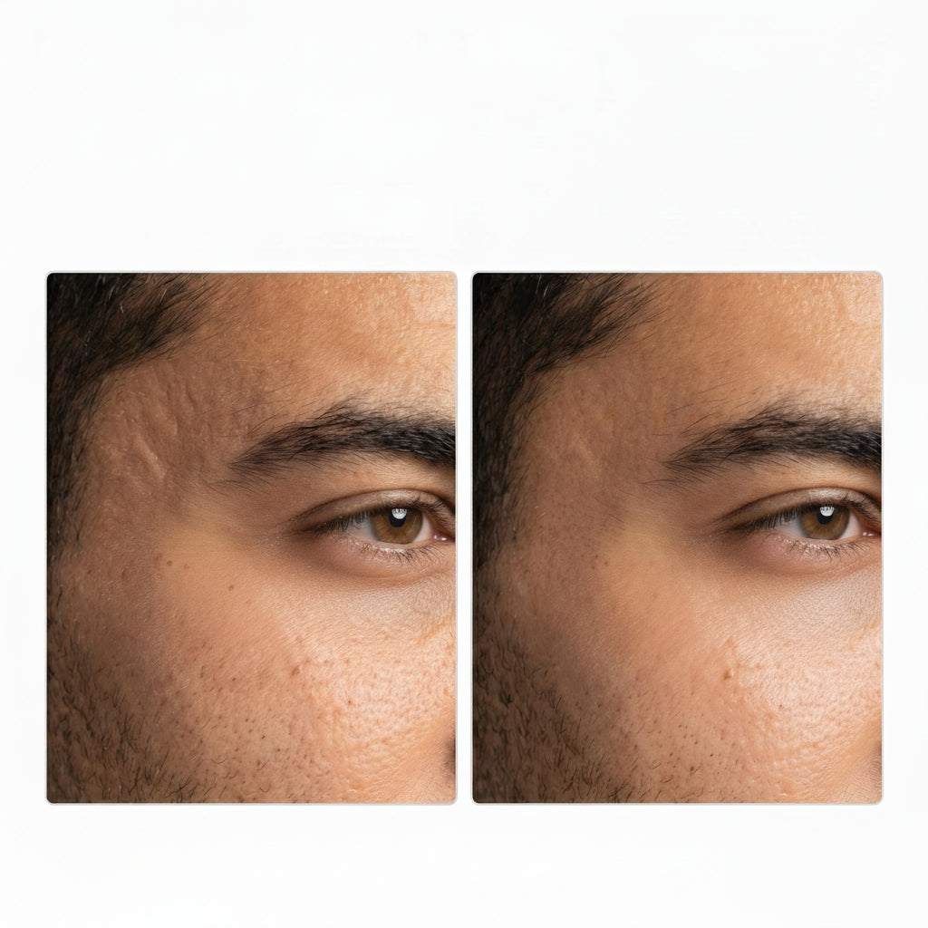 Before and after results of using Firm-Look Day Cream Travel Size on facial skin texture.