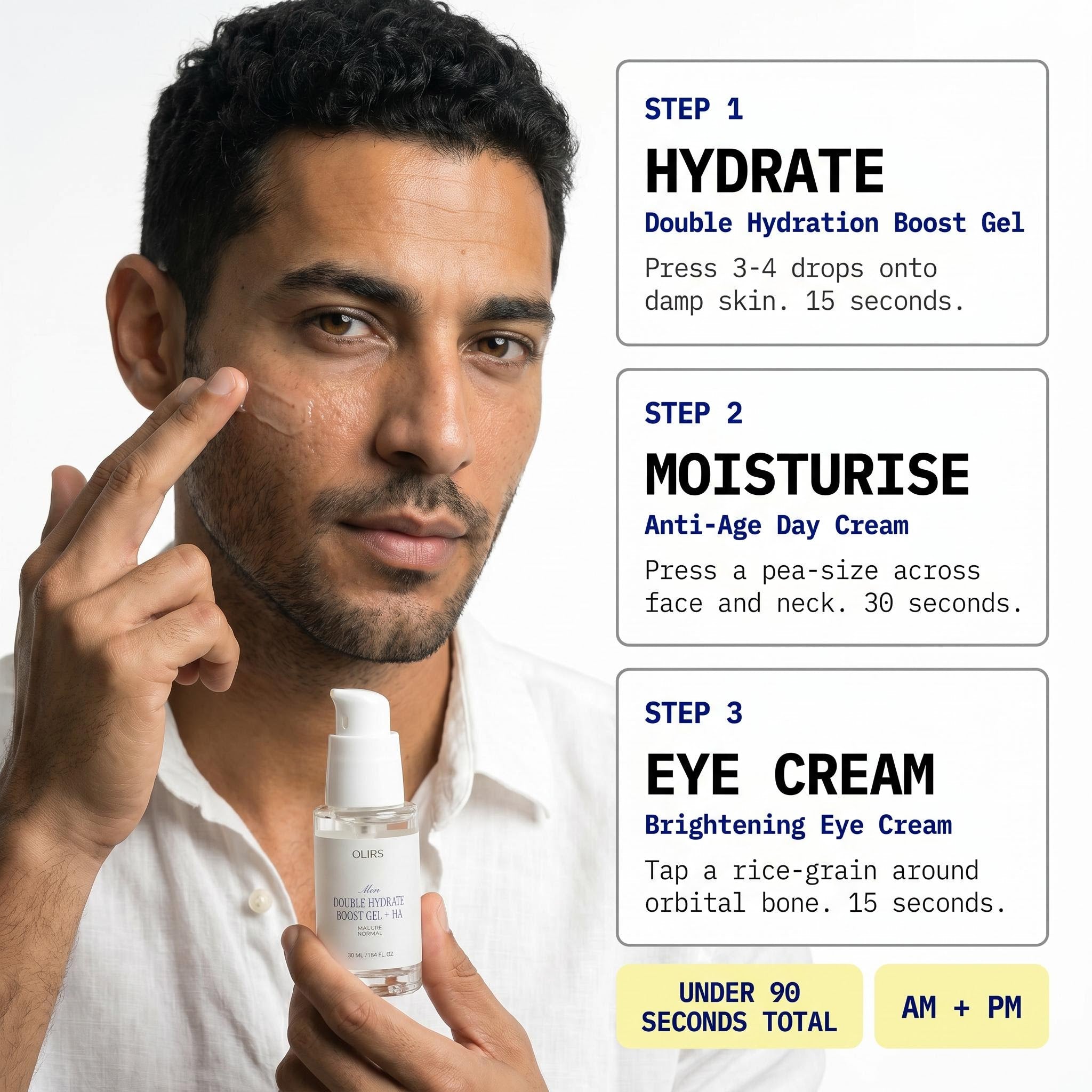 Deep Moisture Trio three-step routine with Double Hydration Boost Gel, Anti-Age Day Cream, and Brightening Eye Cream.