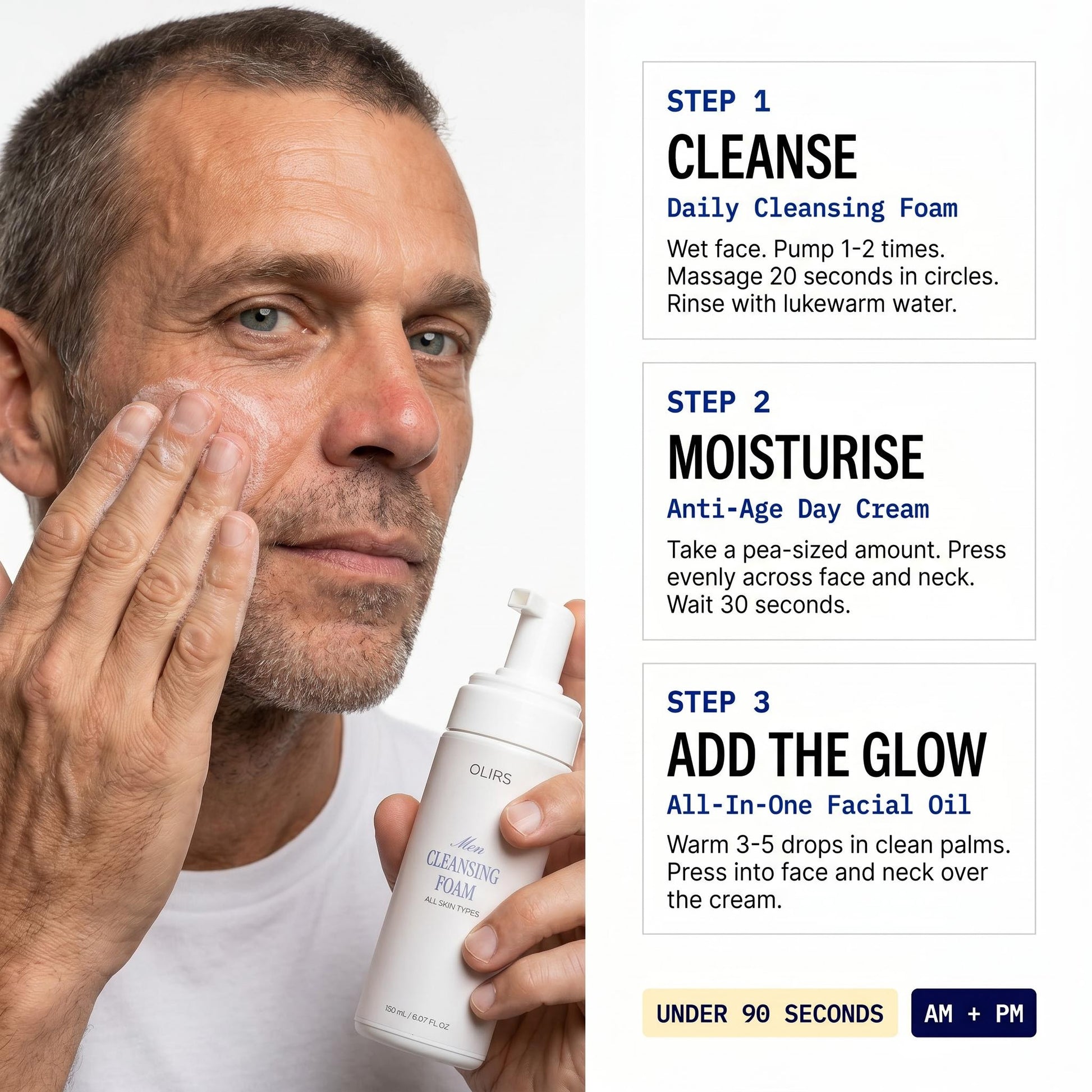 Daily Radiance Trio Kit step-by-step routine for cleansing, moisturizing, and glowing skin.