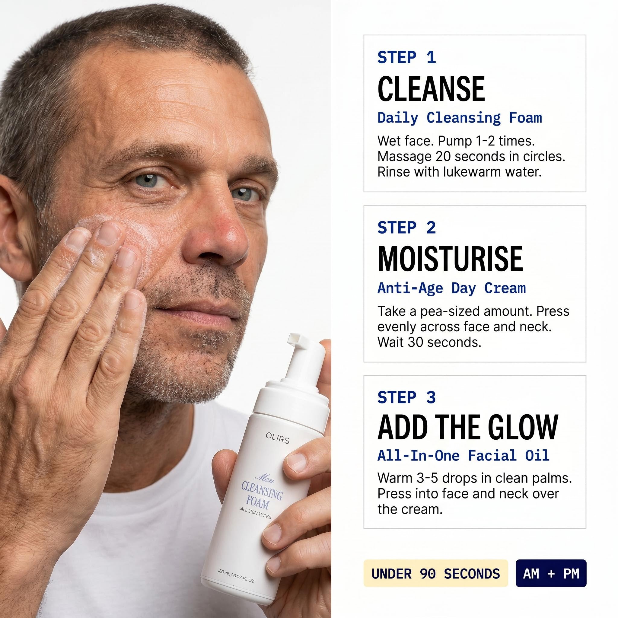 Daily Radiance Trio Kit step-by-step routine for cleansing, moisturizing, and glowing skin.
