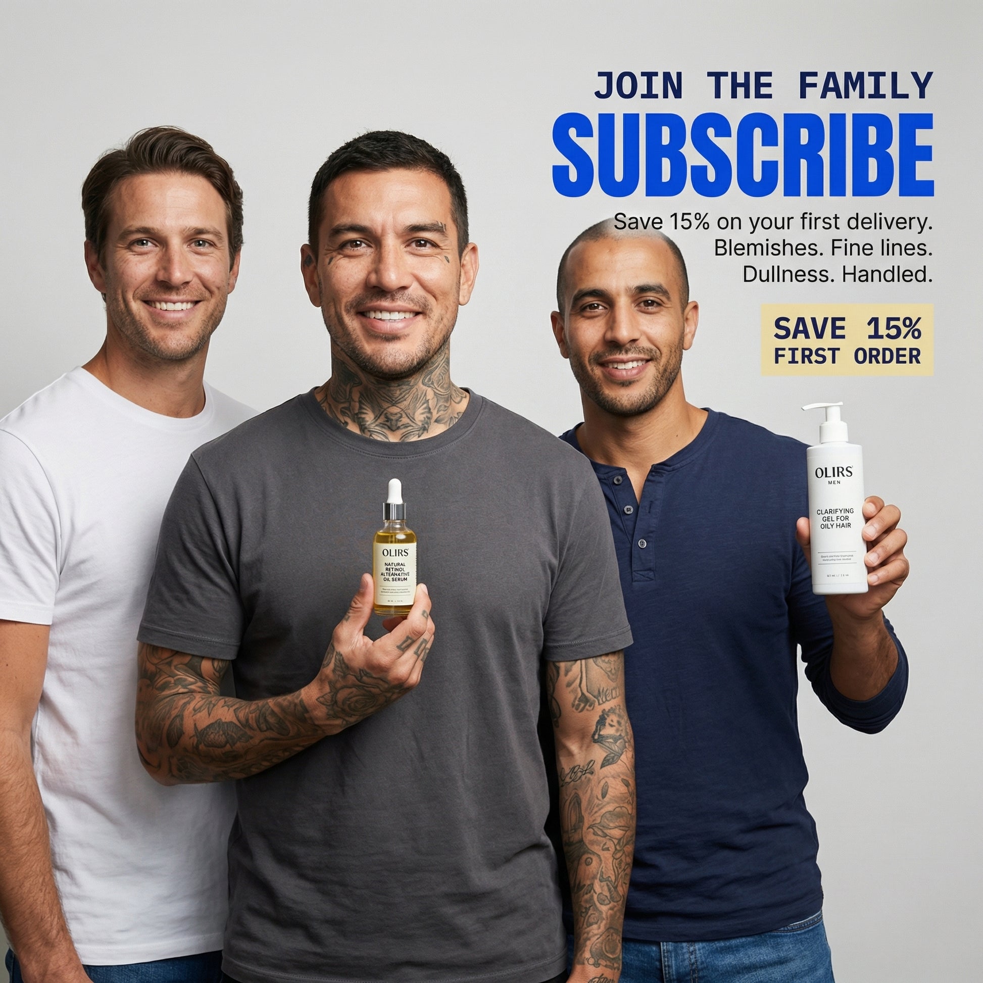 Three men promoting skincare products with a focus on freshness and subscription savings for first orders.
