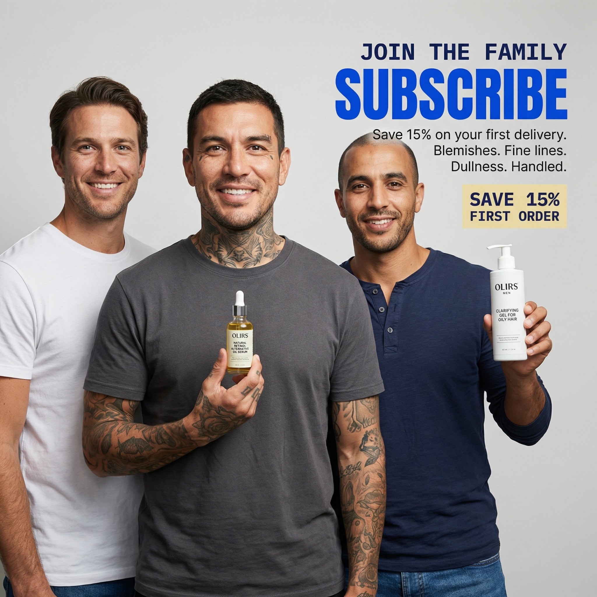 Three men promoting skincare products with a focus on freshness and subscription savings for first orders.