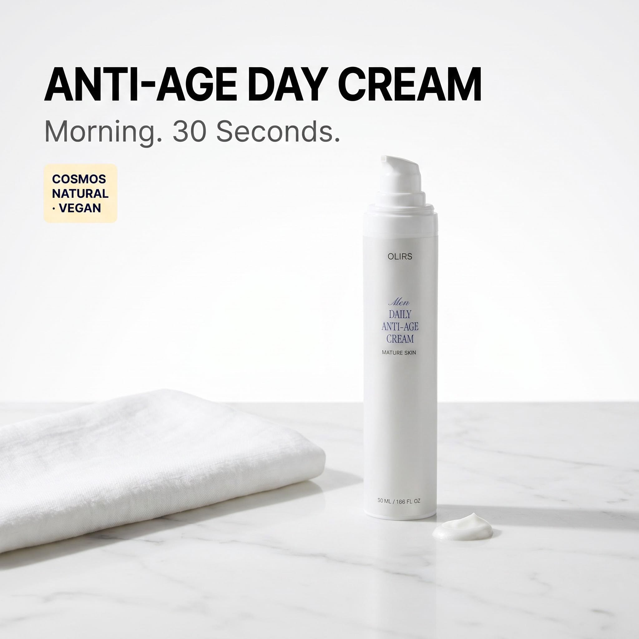 Anti-Age Day Cream with COSMOS Natural certification displayed on a marble surface.