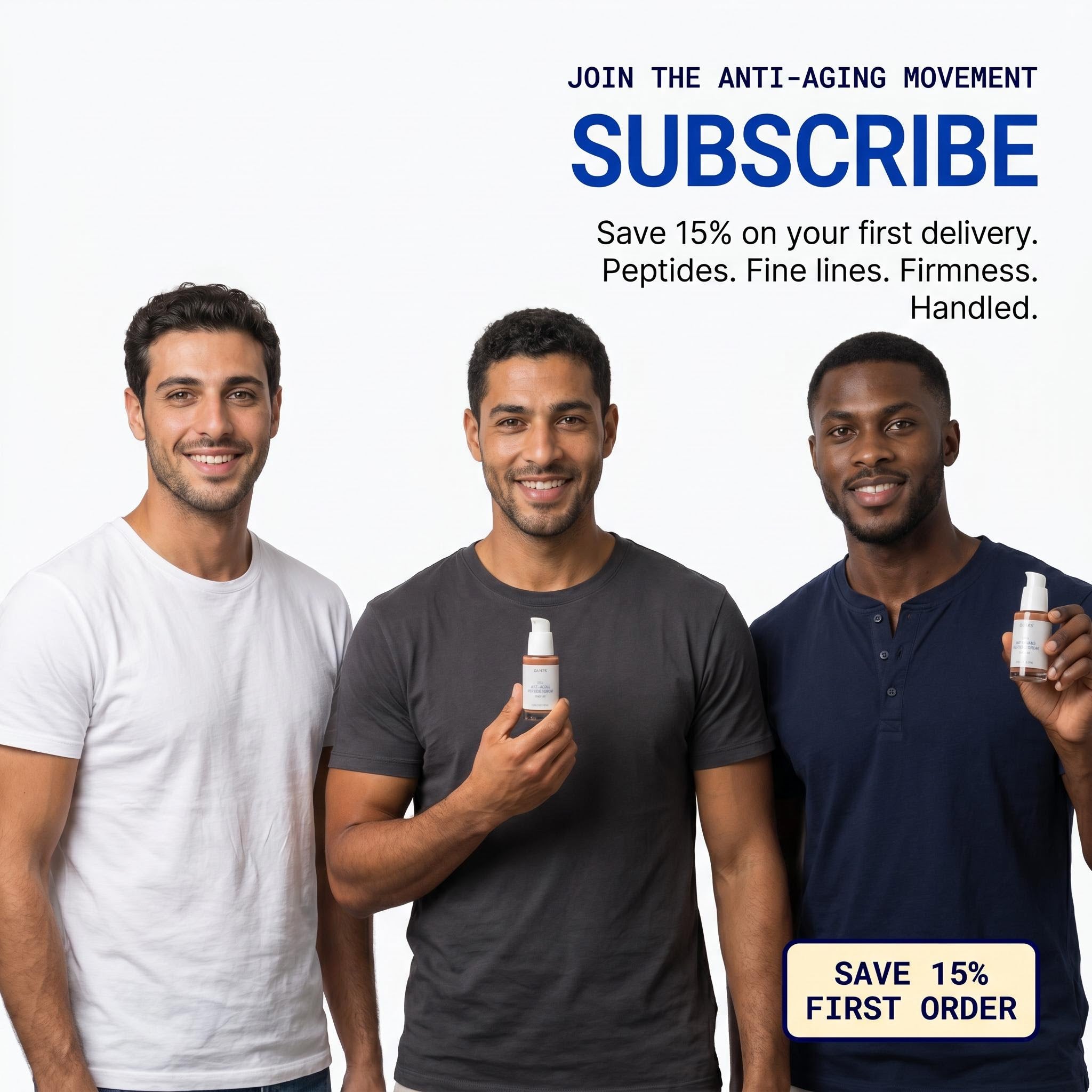 Men promoting Peptide Firm-Look Serum for smoother, hydrated skin and anti-aging benefits.