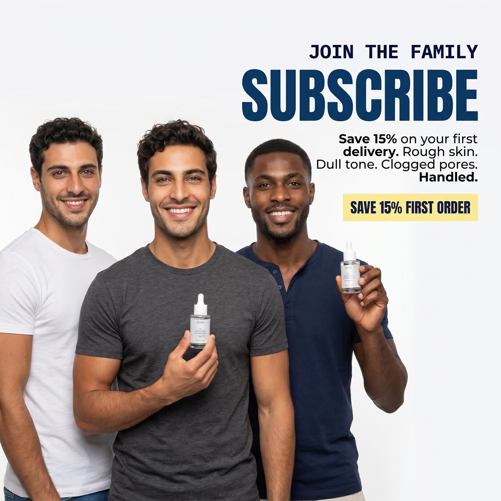 Three men smiling and holding Overnight AHA Exfoliating Serum, promoting smoother skin and hydration benefits.