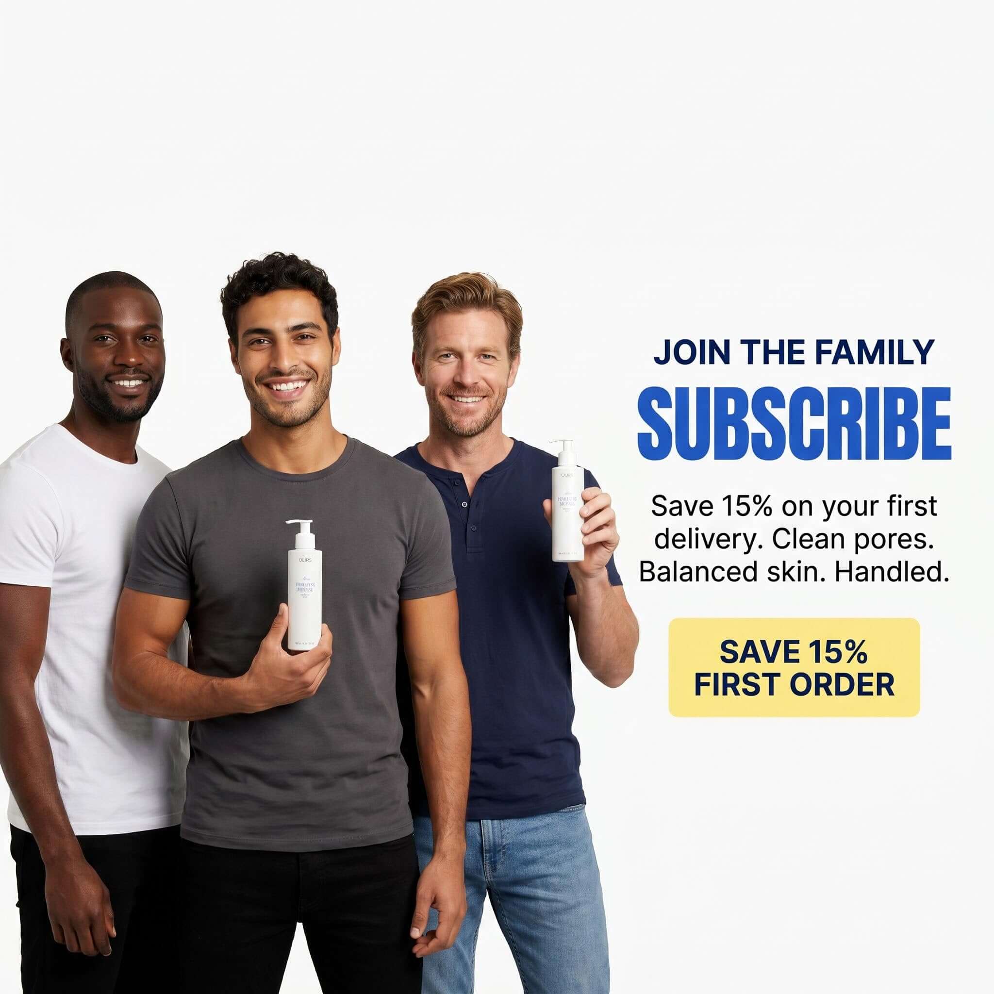 Three men holding Daily Foaming Face Mousse promoting subscription offer for clean and balanced skin.
