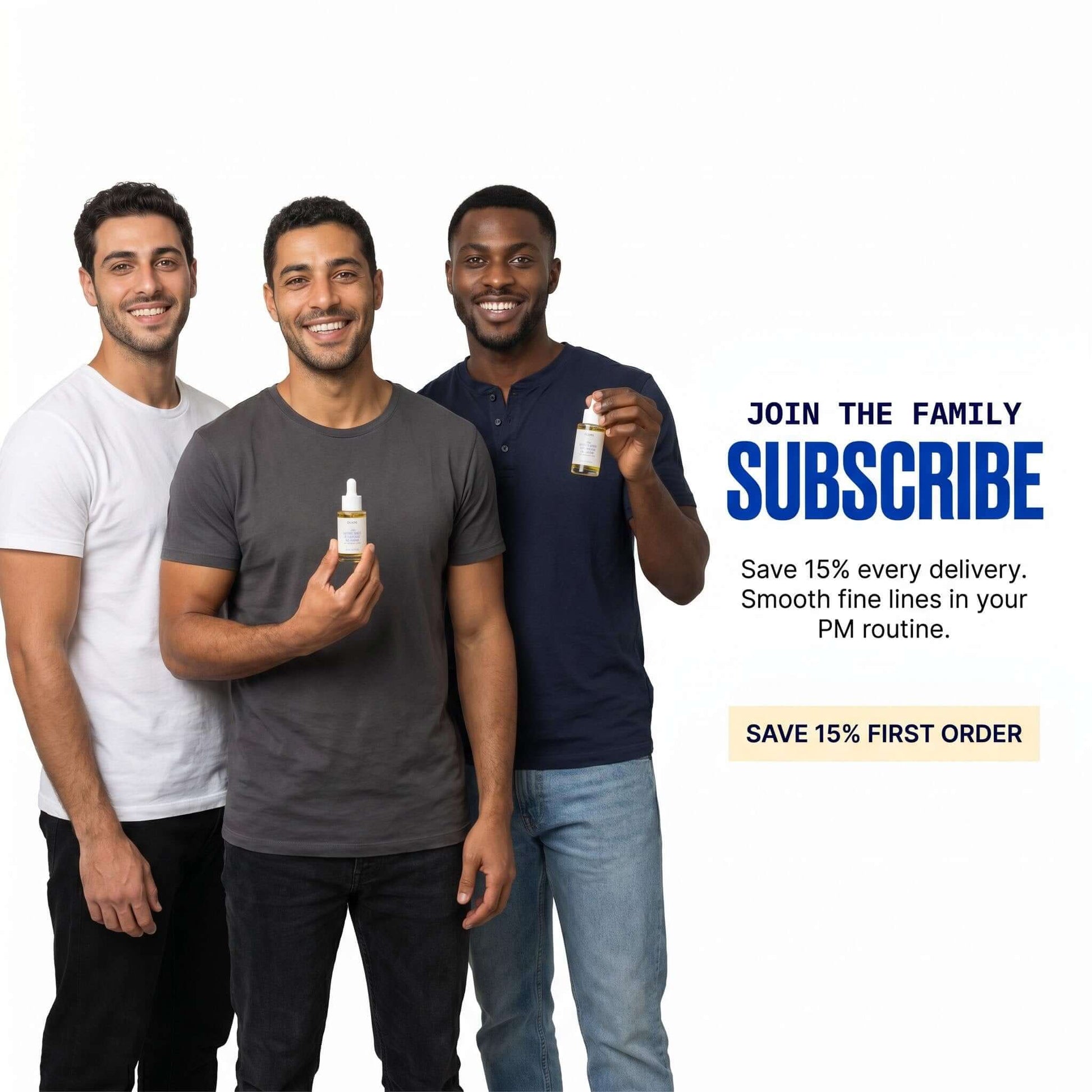 Three men holding Bakuchiol Night Oil Serum, promoting evening skincare and subscription discounts.