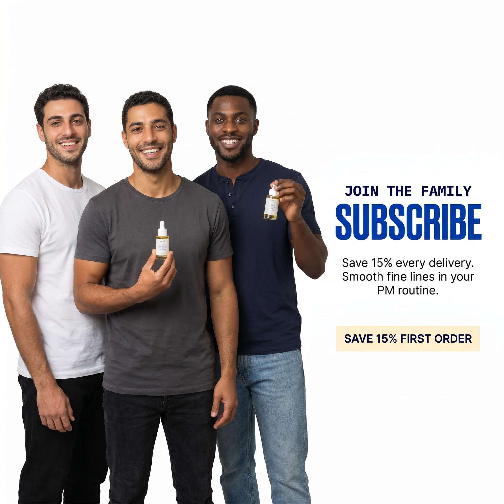 Three men holding Bakuchiol Night Oil Serum, promoting evening skincare and subscription discounts.