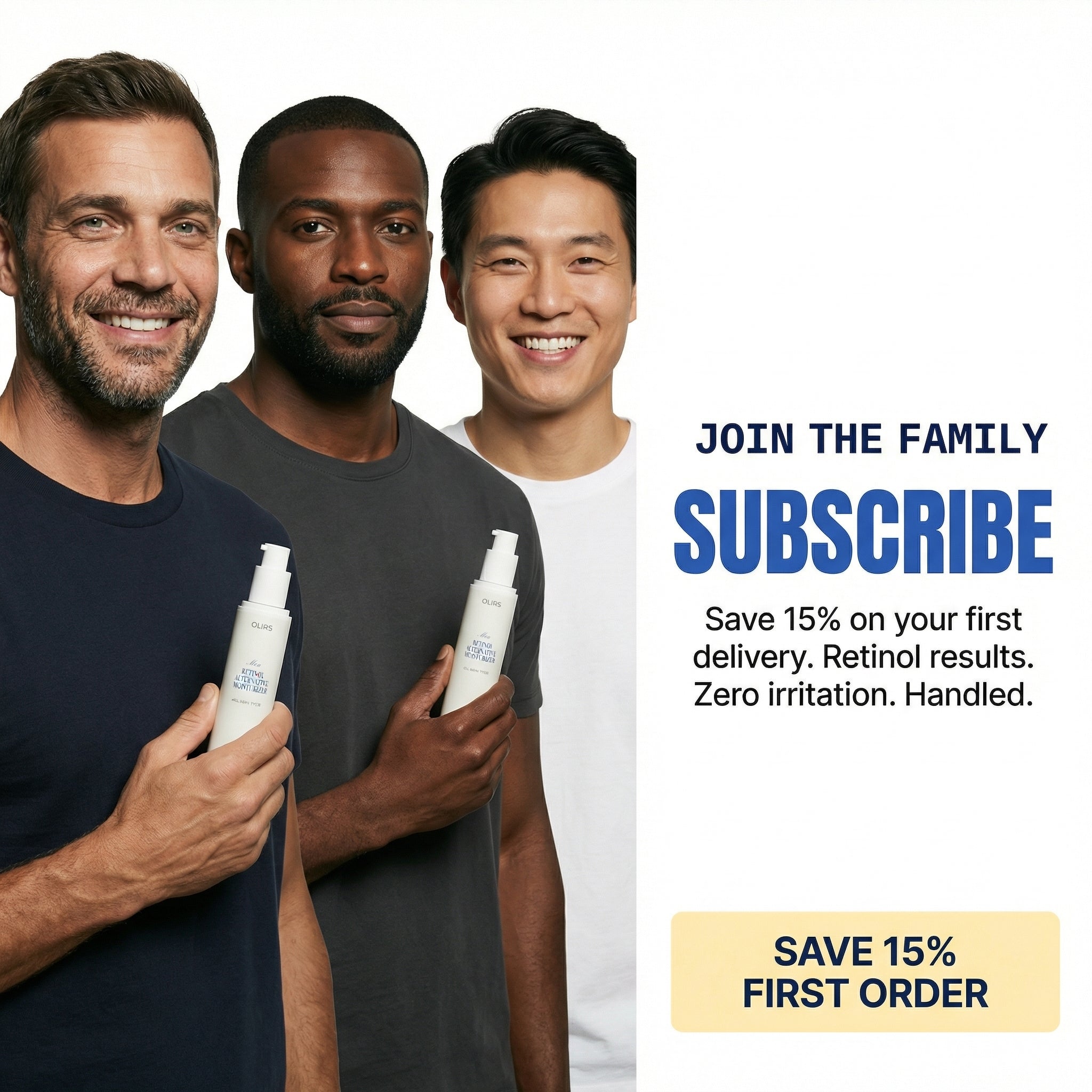 Men holding Advanced Night Renewal Serum bottles with promotional text to save on first order.