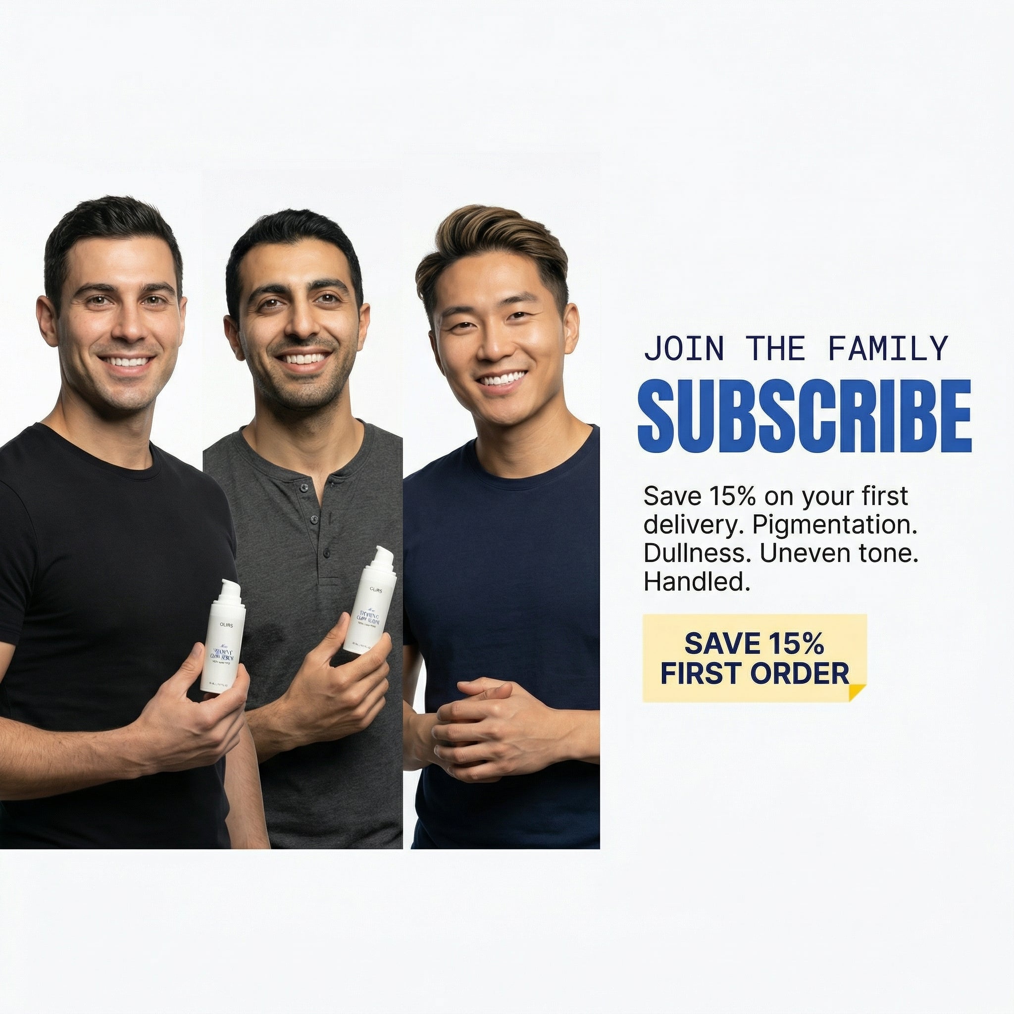 Vitamin C Glow Serum displayed by three smiling men promoting skincare benefits and subscription offer.