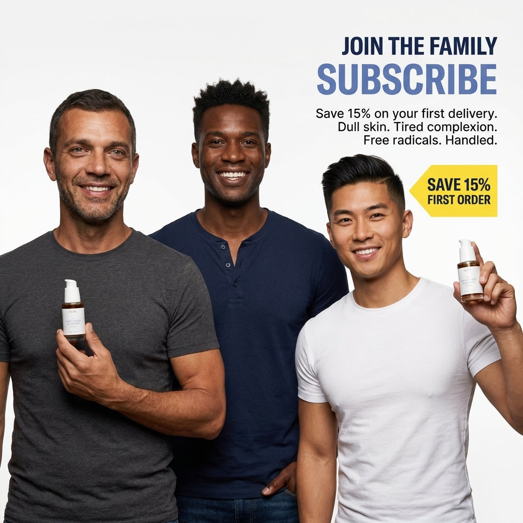 Three smiling men holding skincare products, promoting Ginkgo Defense Gel Booster and a subscription offer.
