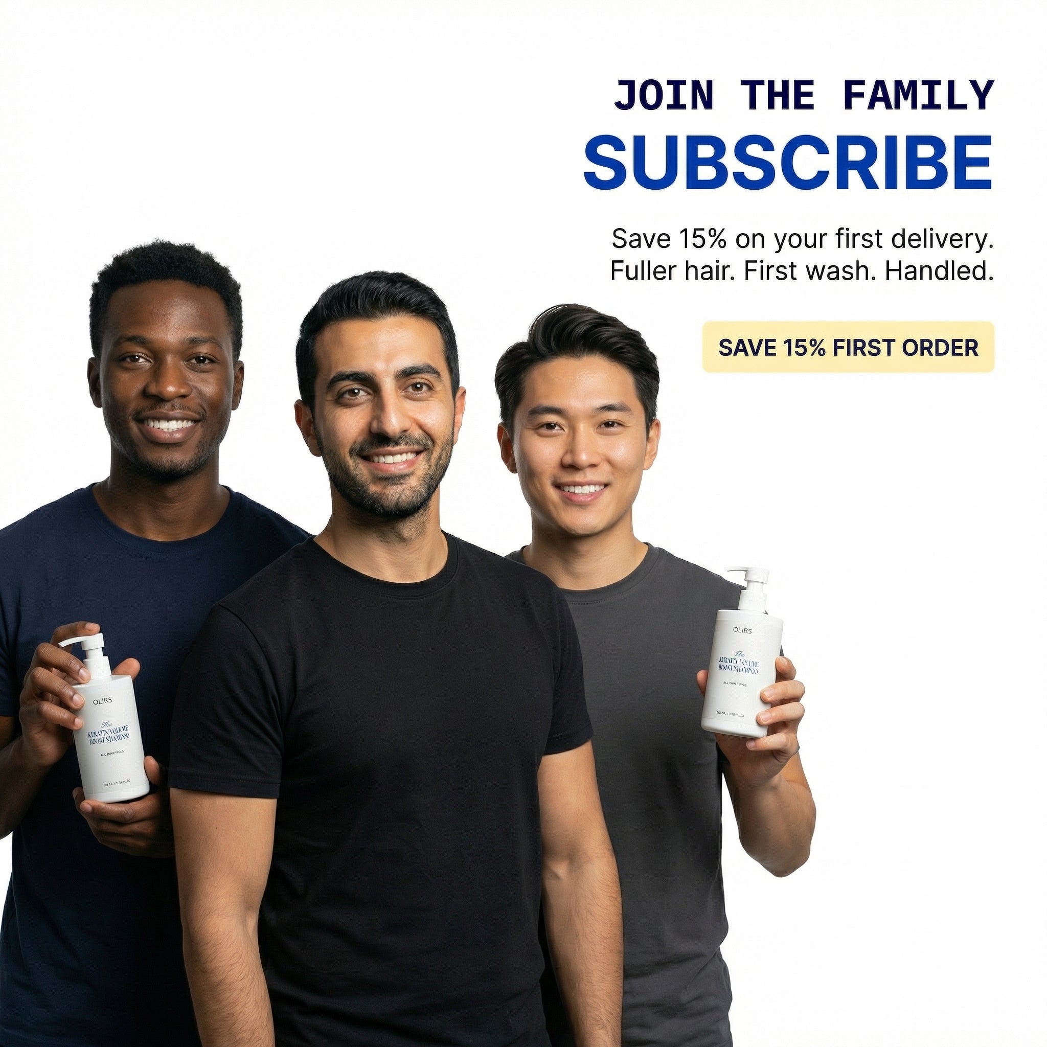 Men holding Max Volume Boost Shampoo bottles promoting subscription for fuller hair and savings offer.