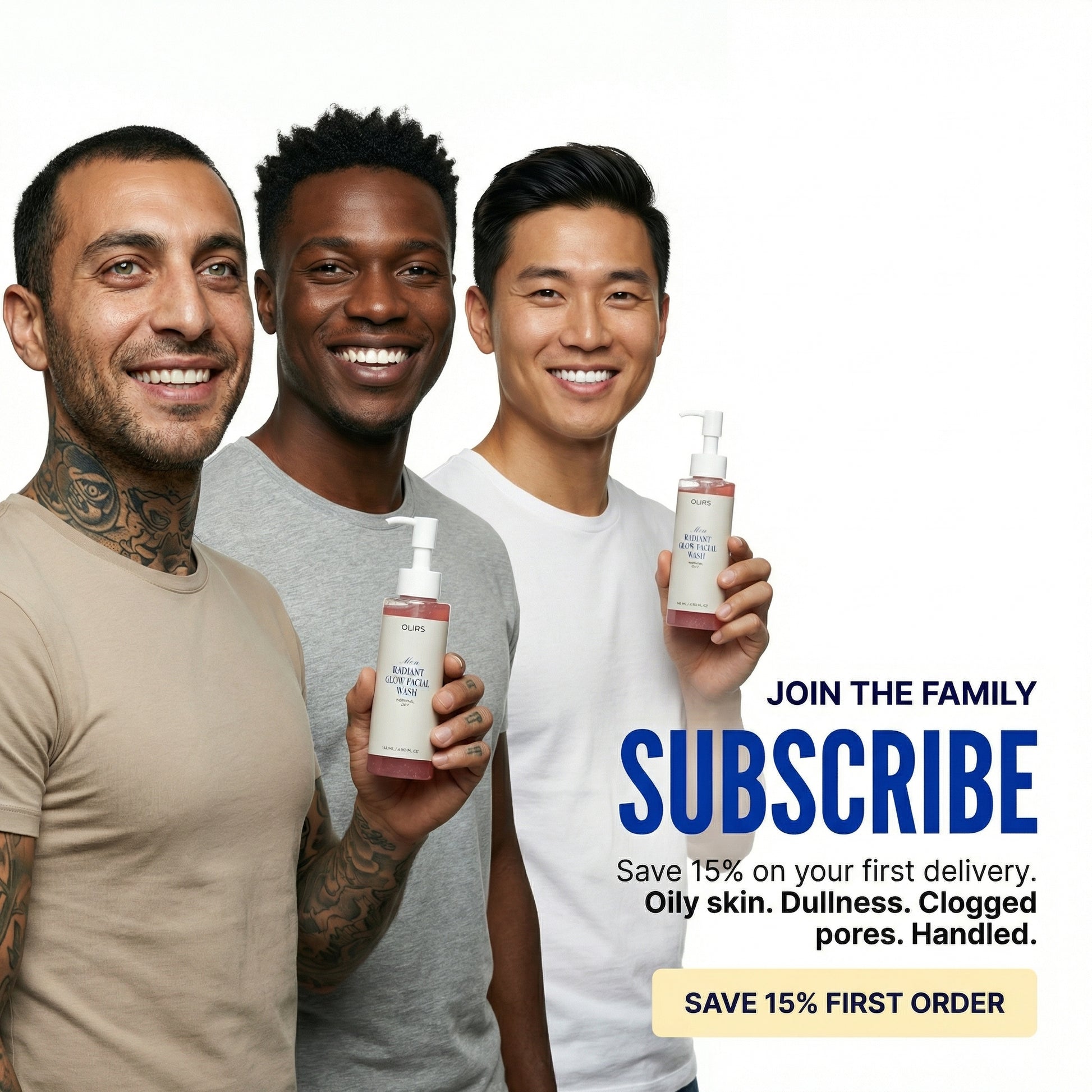 Three men happily promoting Radiant Glow Face Wash with clean skin, holding the product, message to subscribe for discounts.