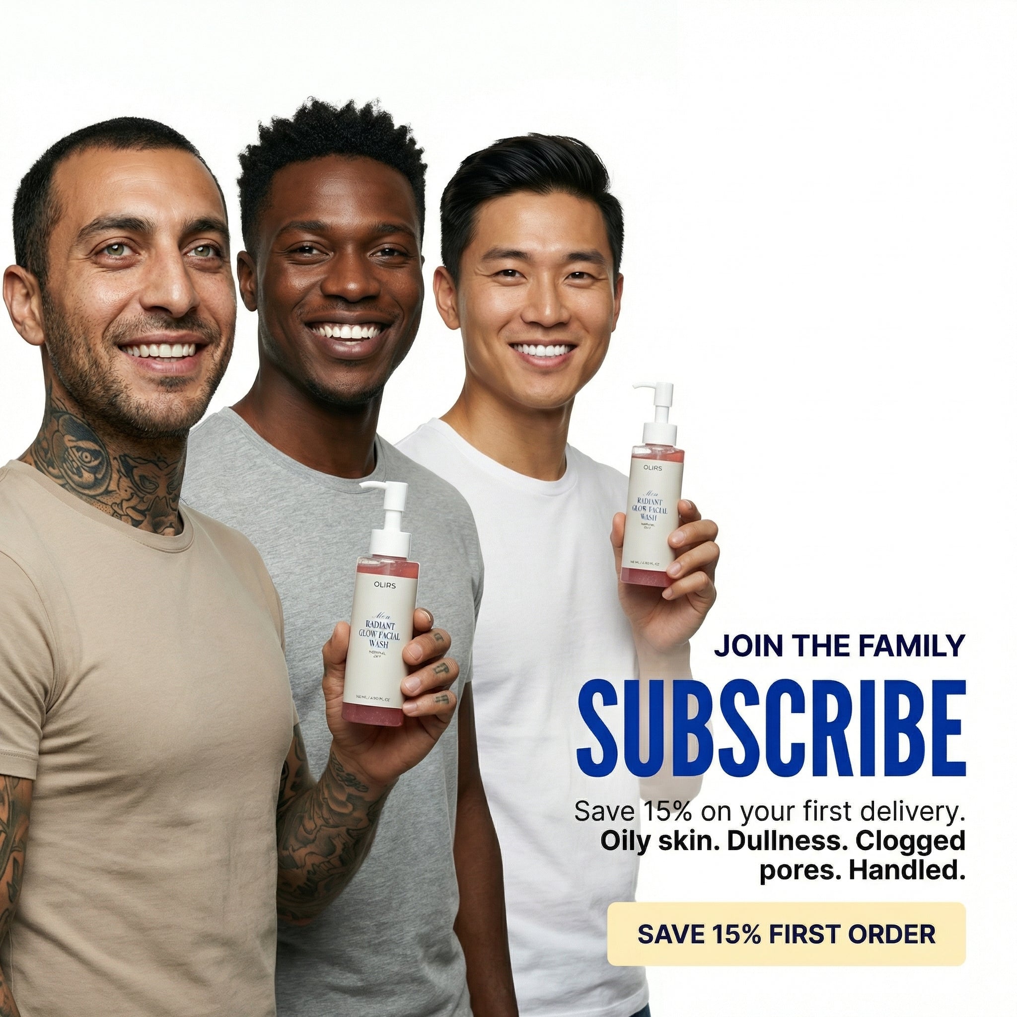 Three men happily promoting Radiant Glow Face Wash with clean skin, holding the product, message to subscribe for discounts.