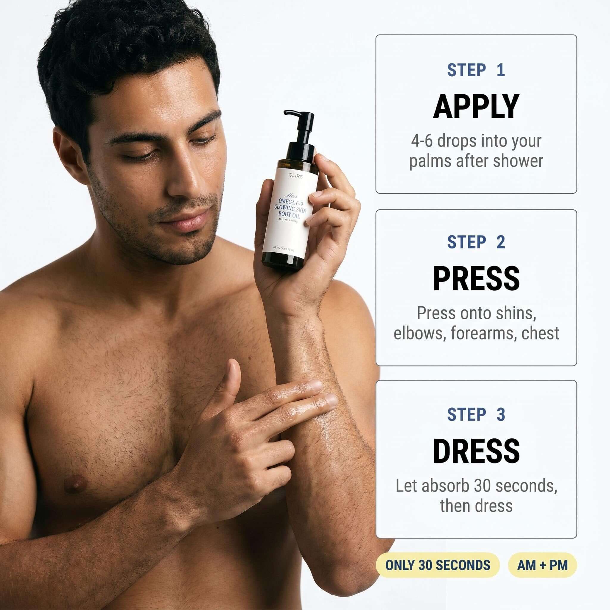 Man applying Omega 6-9 Glowing Skin Body Oil with steps for use shown.