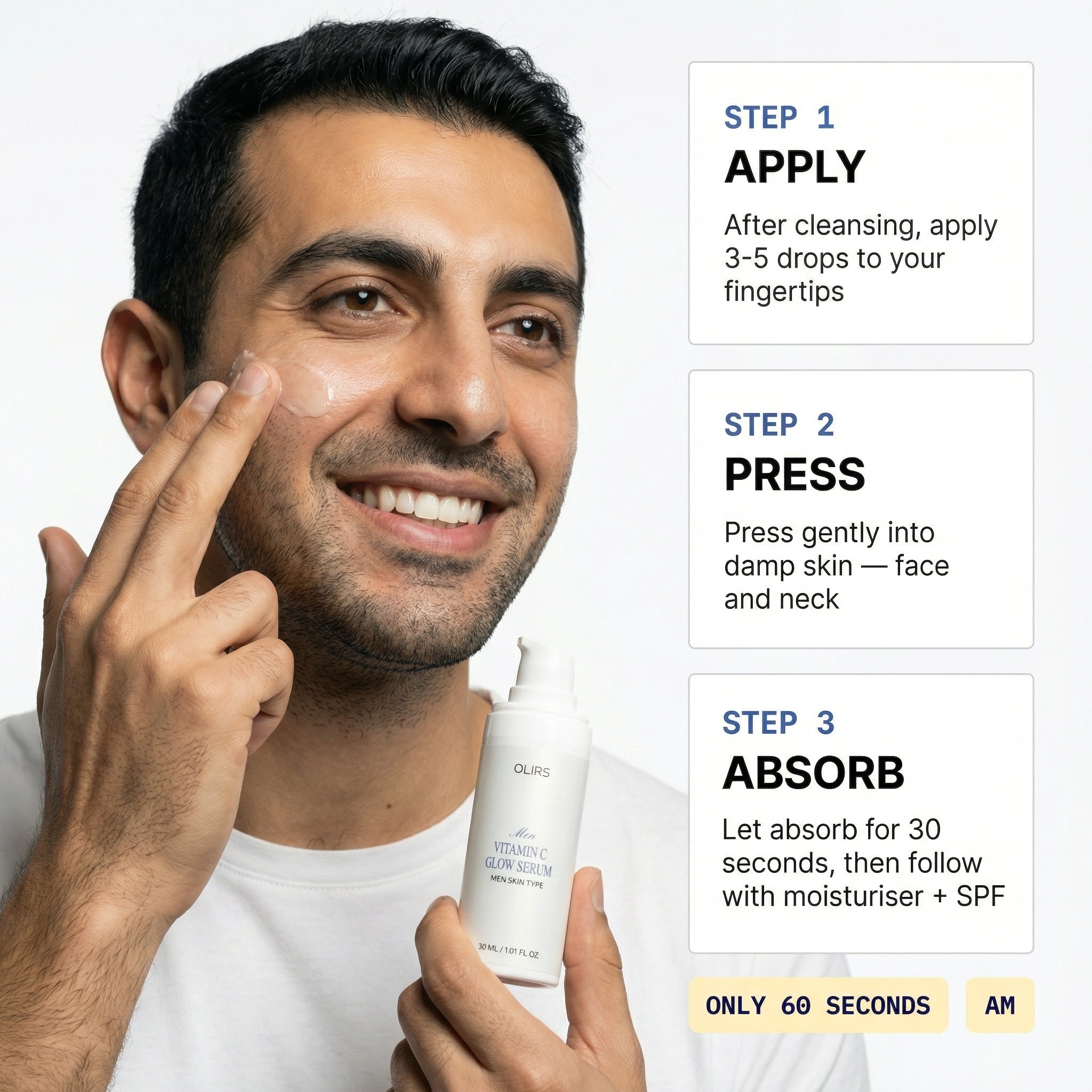 Man applying Vitamin C Glow Serum on his face following skincare routine steps.