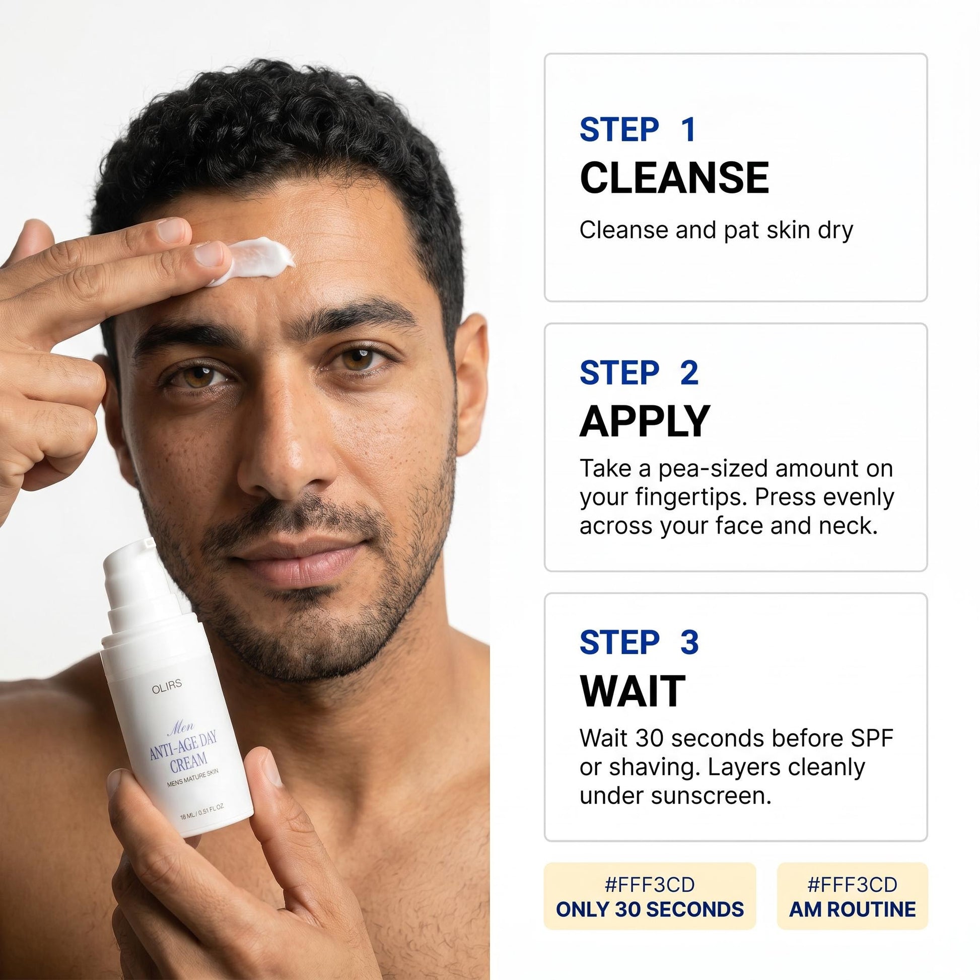 Man applying Firm-Look Day Cream Travel Size on forehead as part of morning skincare routine steps.