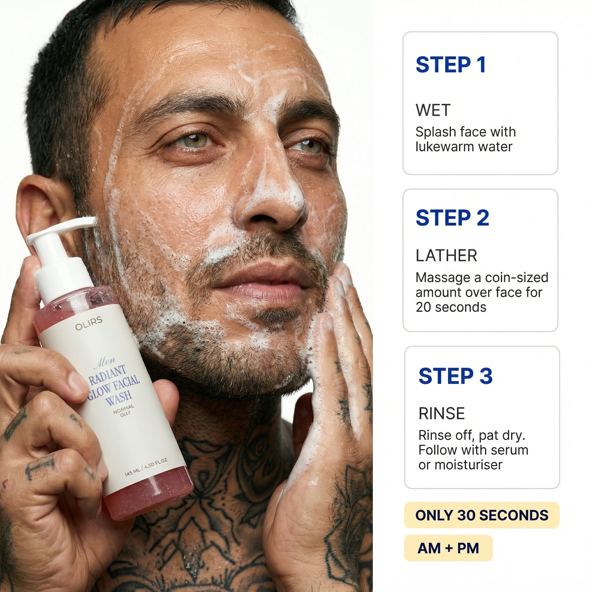 Man using Radiant Glow Face Wash, applying lather to cleanse skin effectively in a simple three-step routine.