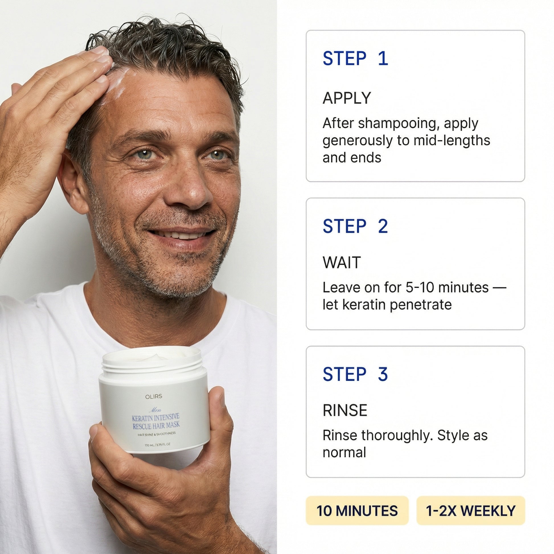 Man applying Keratin Rescue Hair Mask following steps for smooth, nourished hair and enhanced shine.