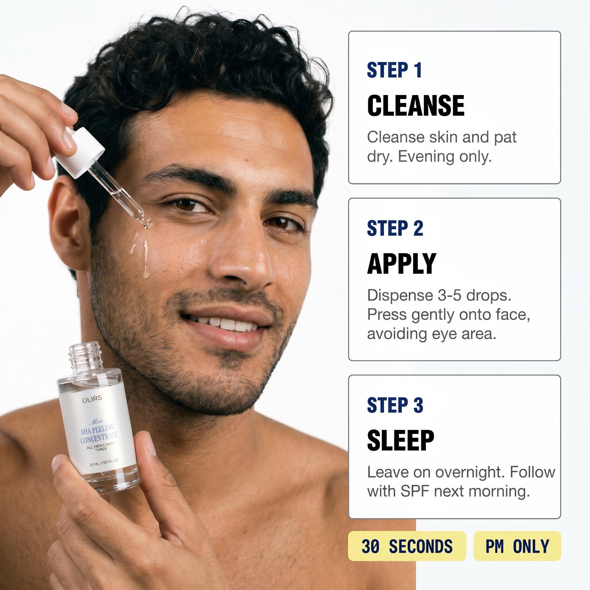 A man applying Overnight AHA Exfoliating Serum during nighttime skincare routine.