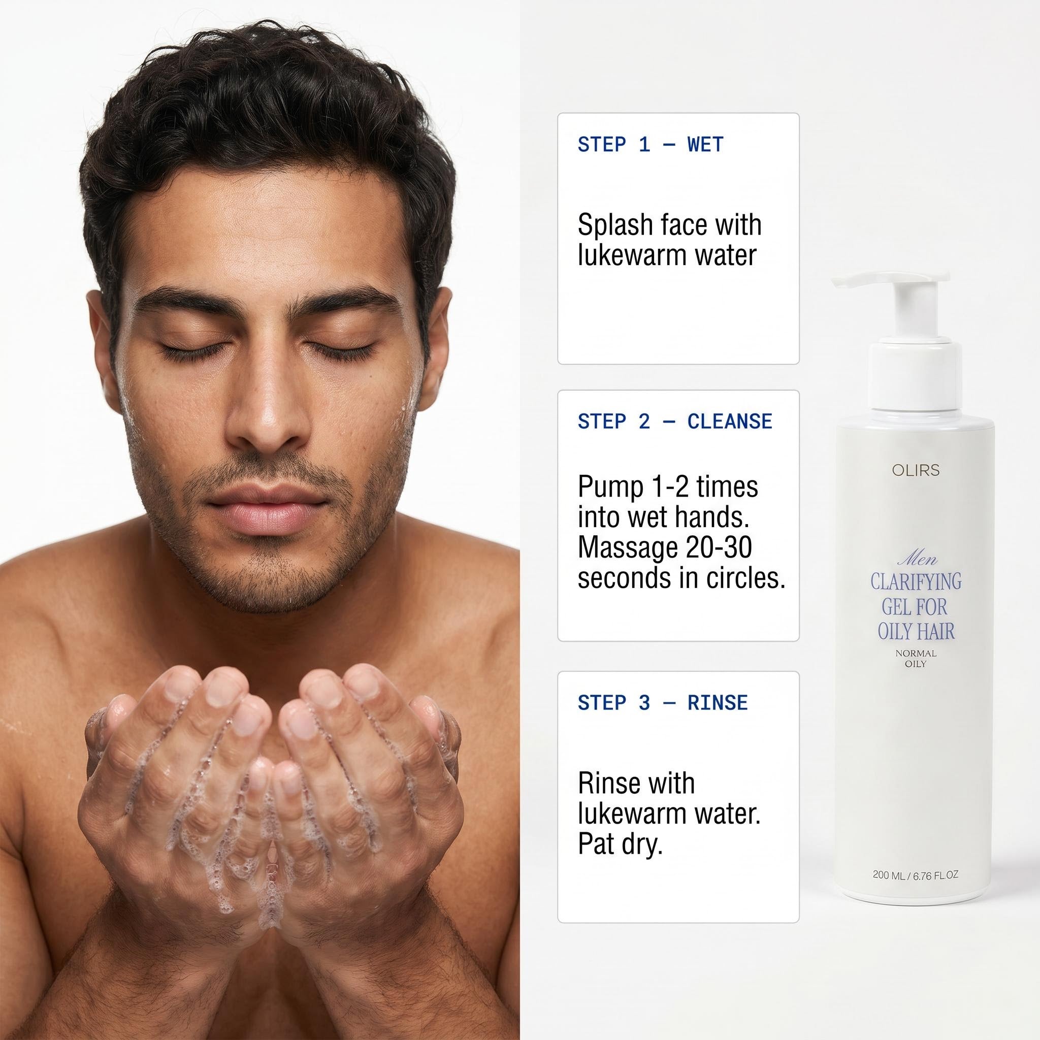 Daily Clarifying Gel Cleanser application steps with a man cleansing his face and product details.